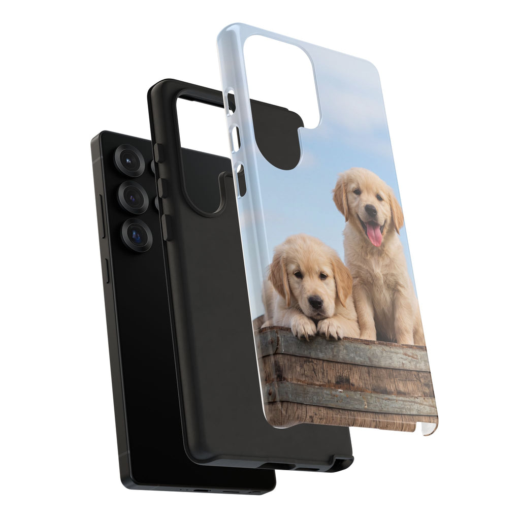 Golden Retriever Puppies on Barrel Phone Case | Cute Duo Under Blue Sky | iPhone & Samsung