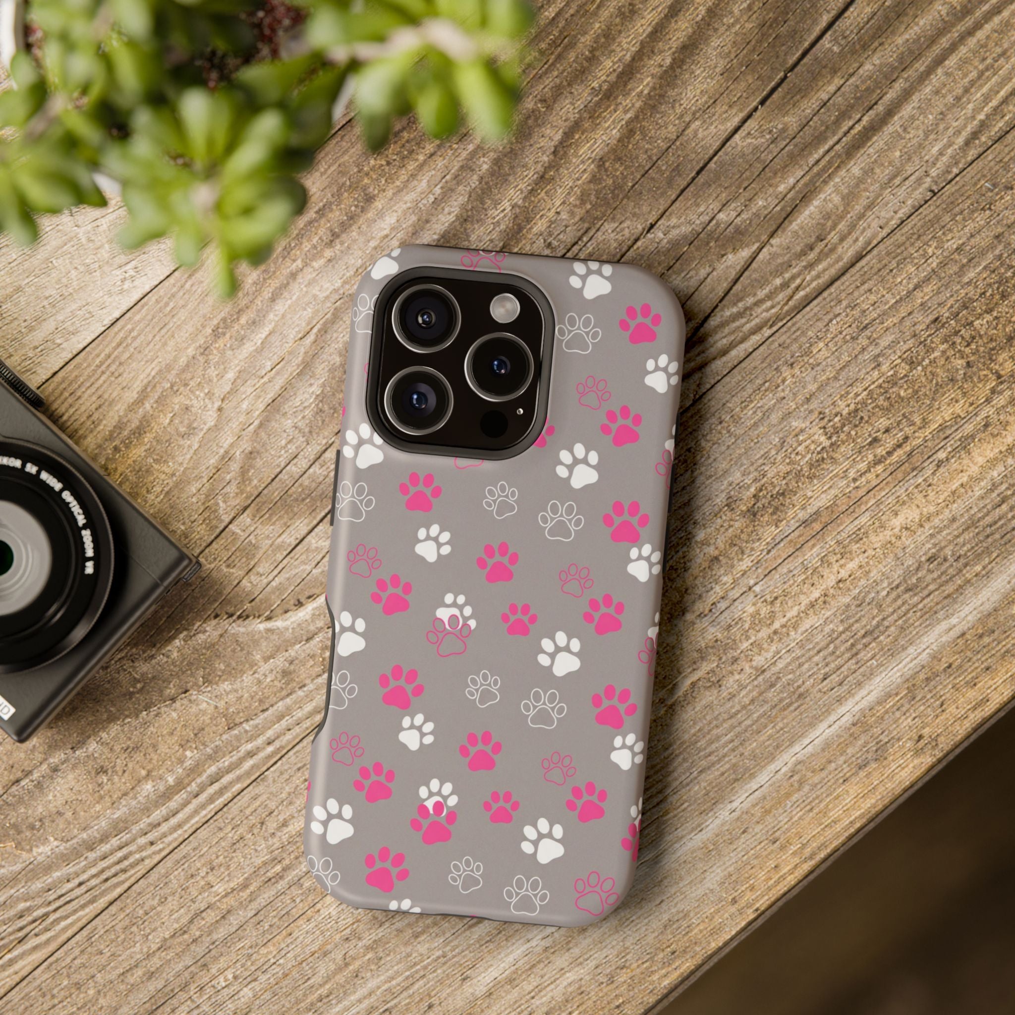 Pink & White Paw Print Phone Case — Impact-Resistant Wireless Charging Cover