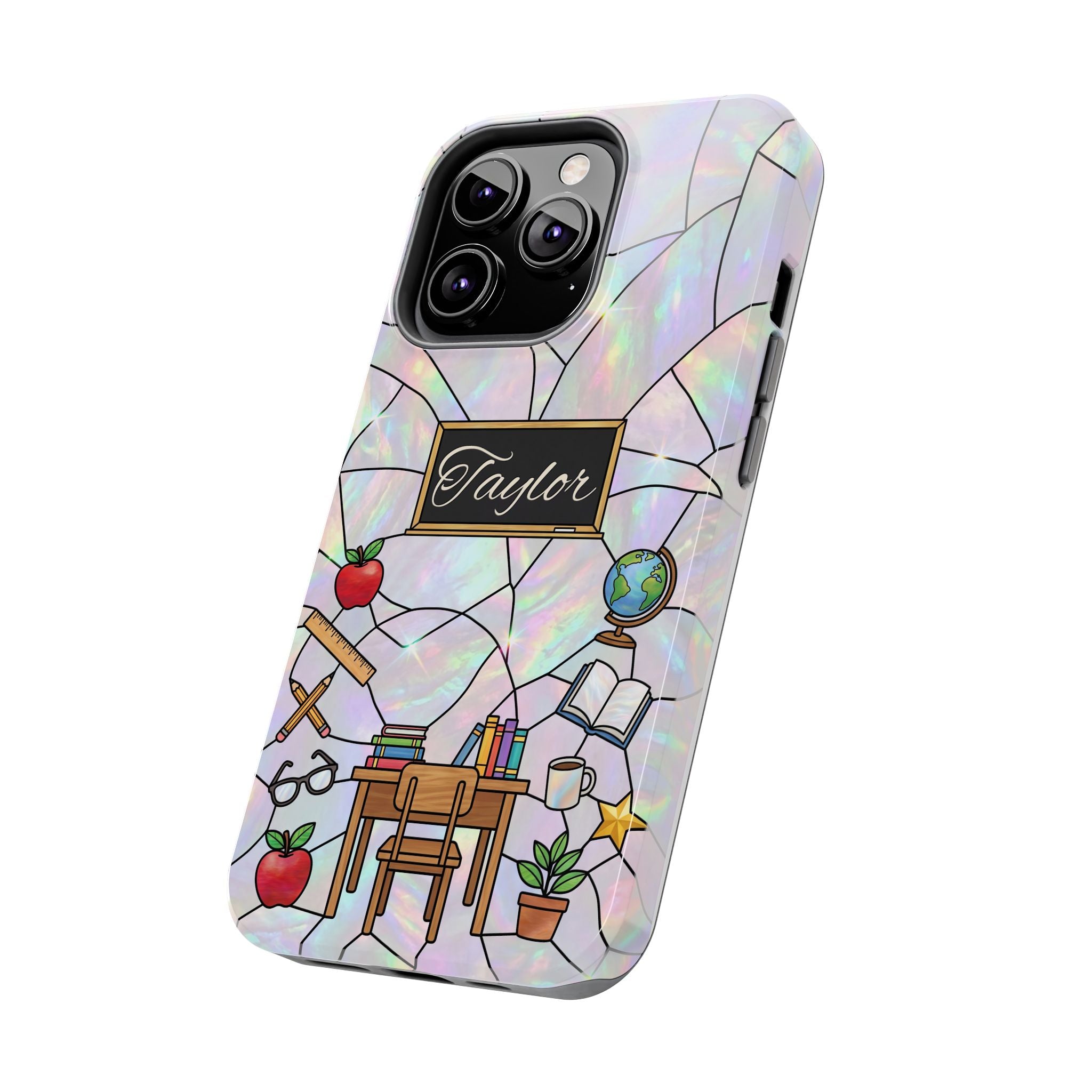 Personalized Teacher Phone Case — Custom Name Stained Glass Classroom Design