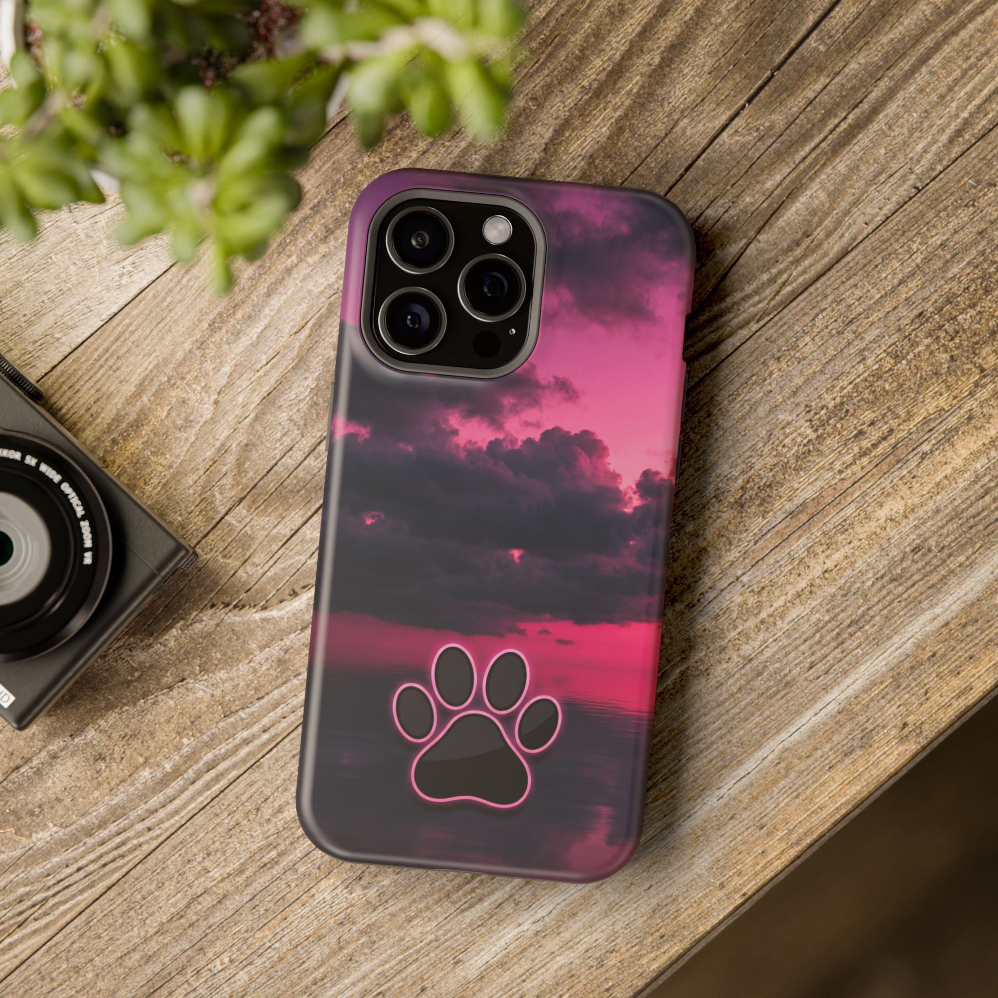 Pink Sky Paw Print Phone Case — Impact-Resistant Wireless Charging Cover