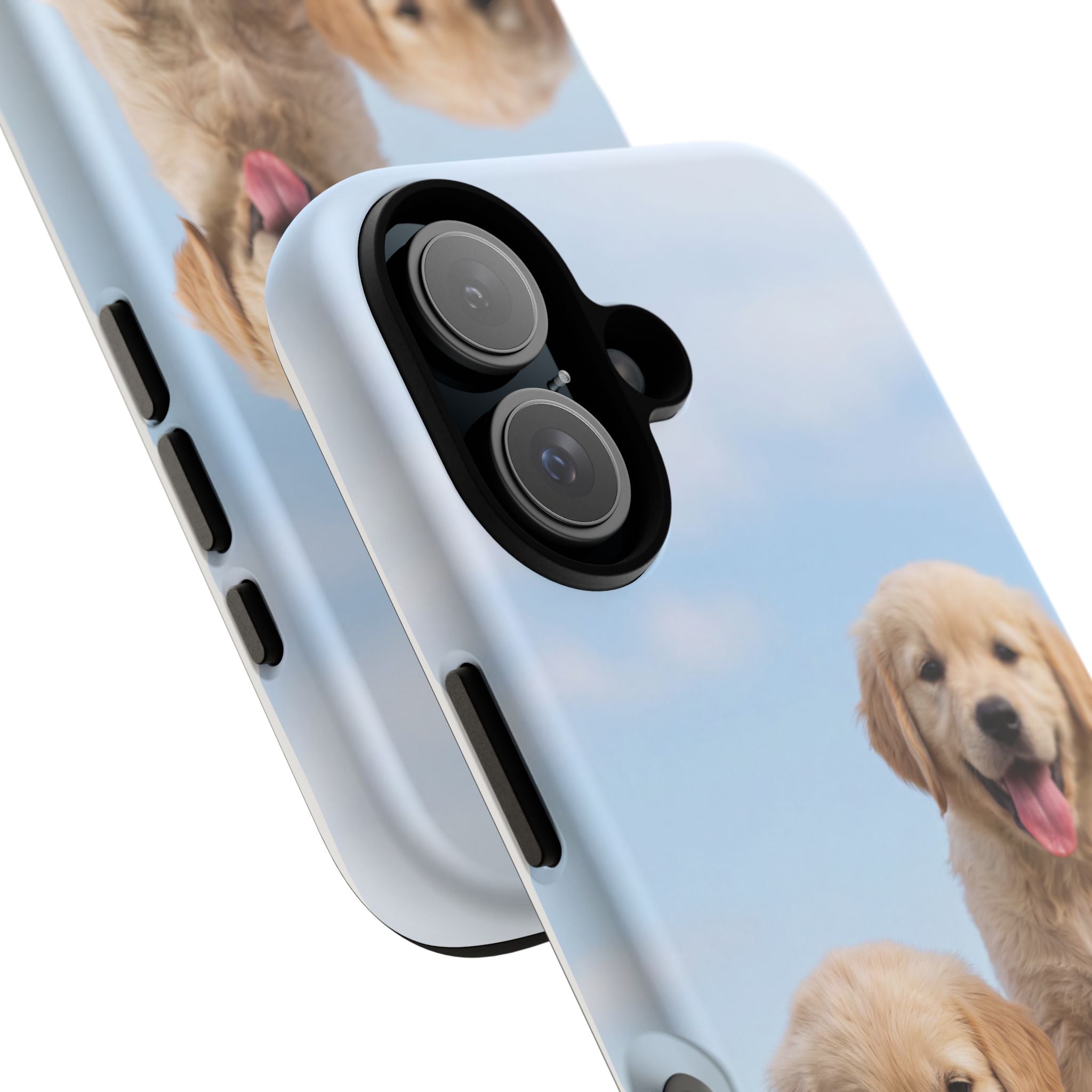 Golden Retriever Puppies on Barrel Phone Case | Cute Duo Under Blue Sky | iPhone & Samsung