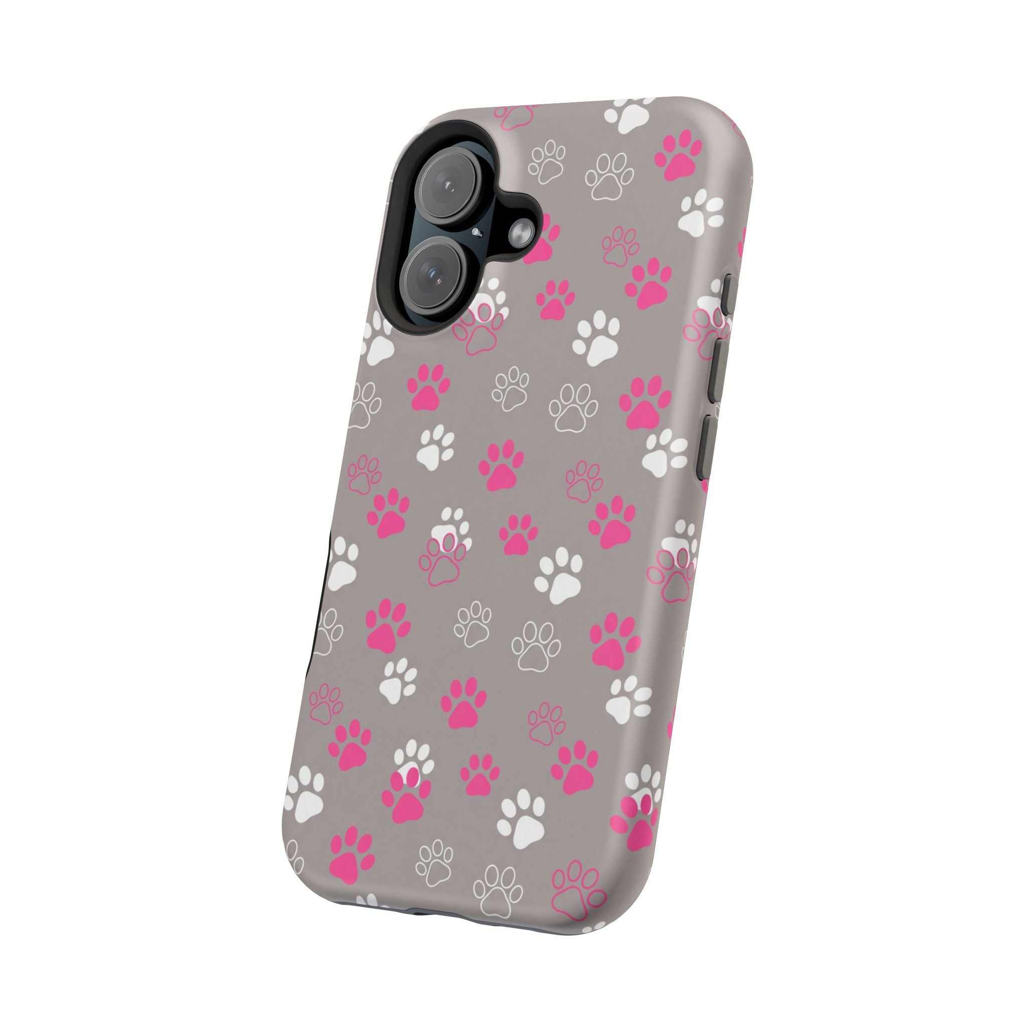 Pink & White Paw Print Phone Case — Impact-Resistant Wireless Charging Cover