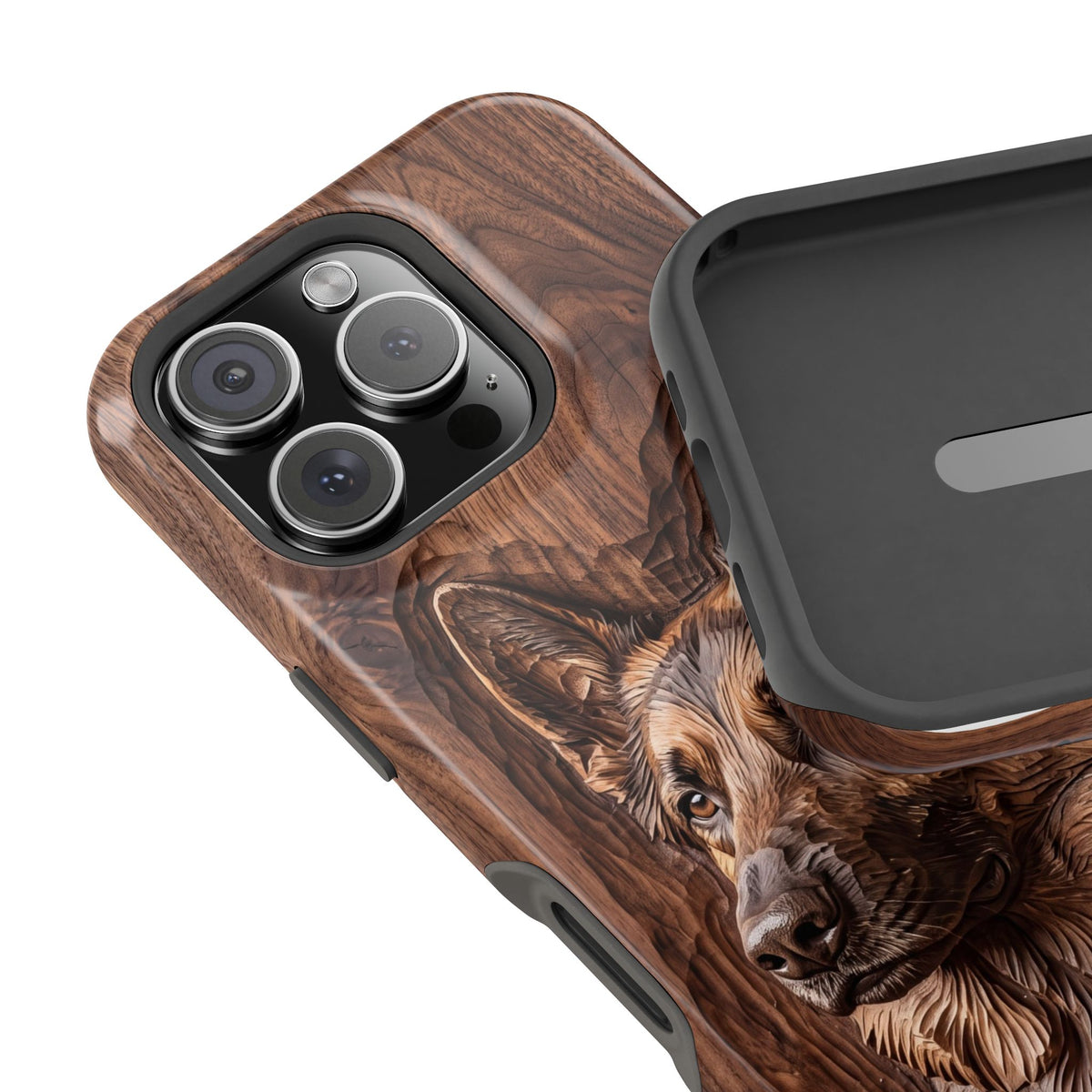 German Shepherd Phone Case | Carved Walnut Art — Tough Magnetic Case with Wireless Charging