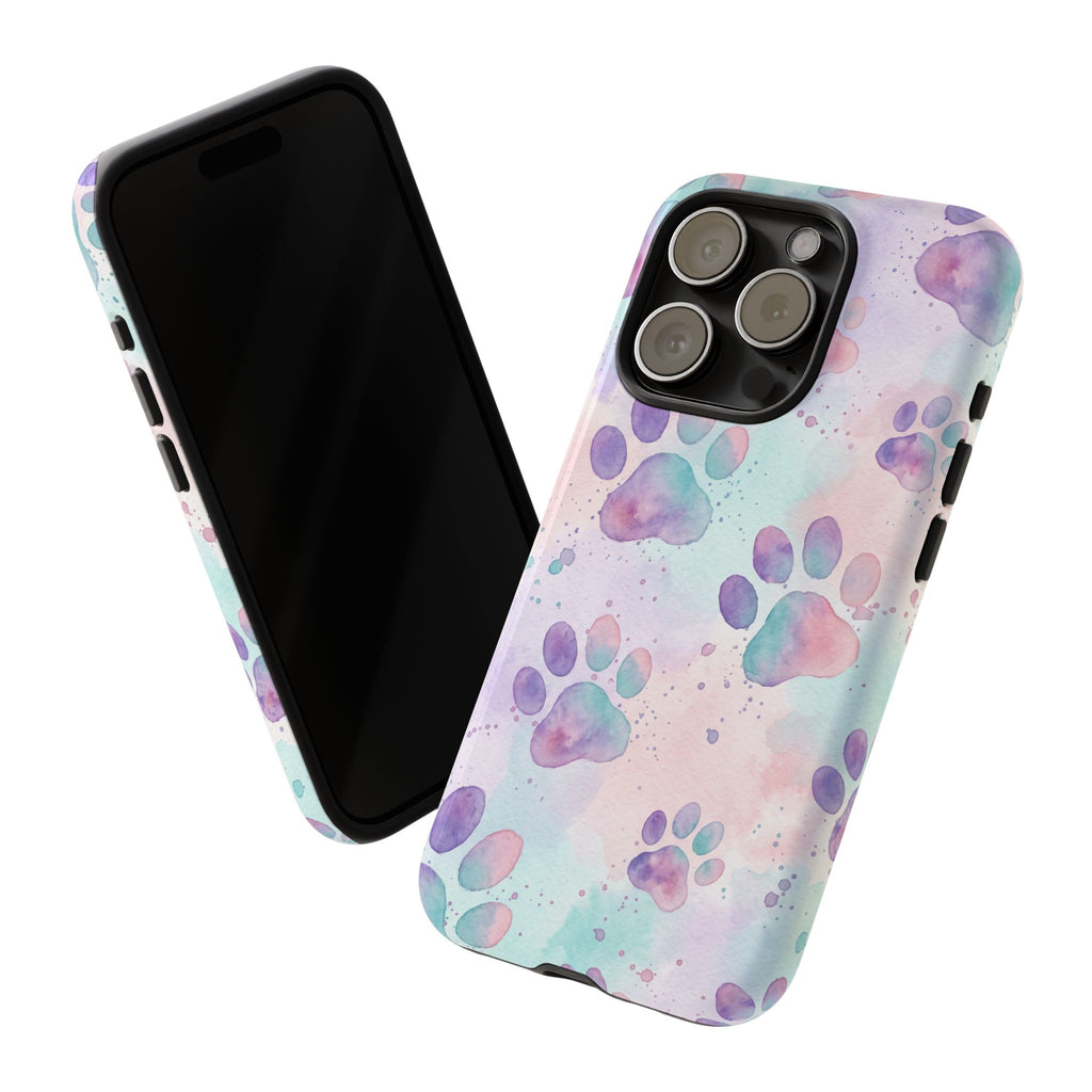 Watercolor Paw Print Phone Case | Pastel Purple, Teal & Pink Artistic Pattern | Samsung & iPhone