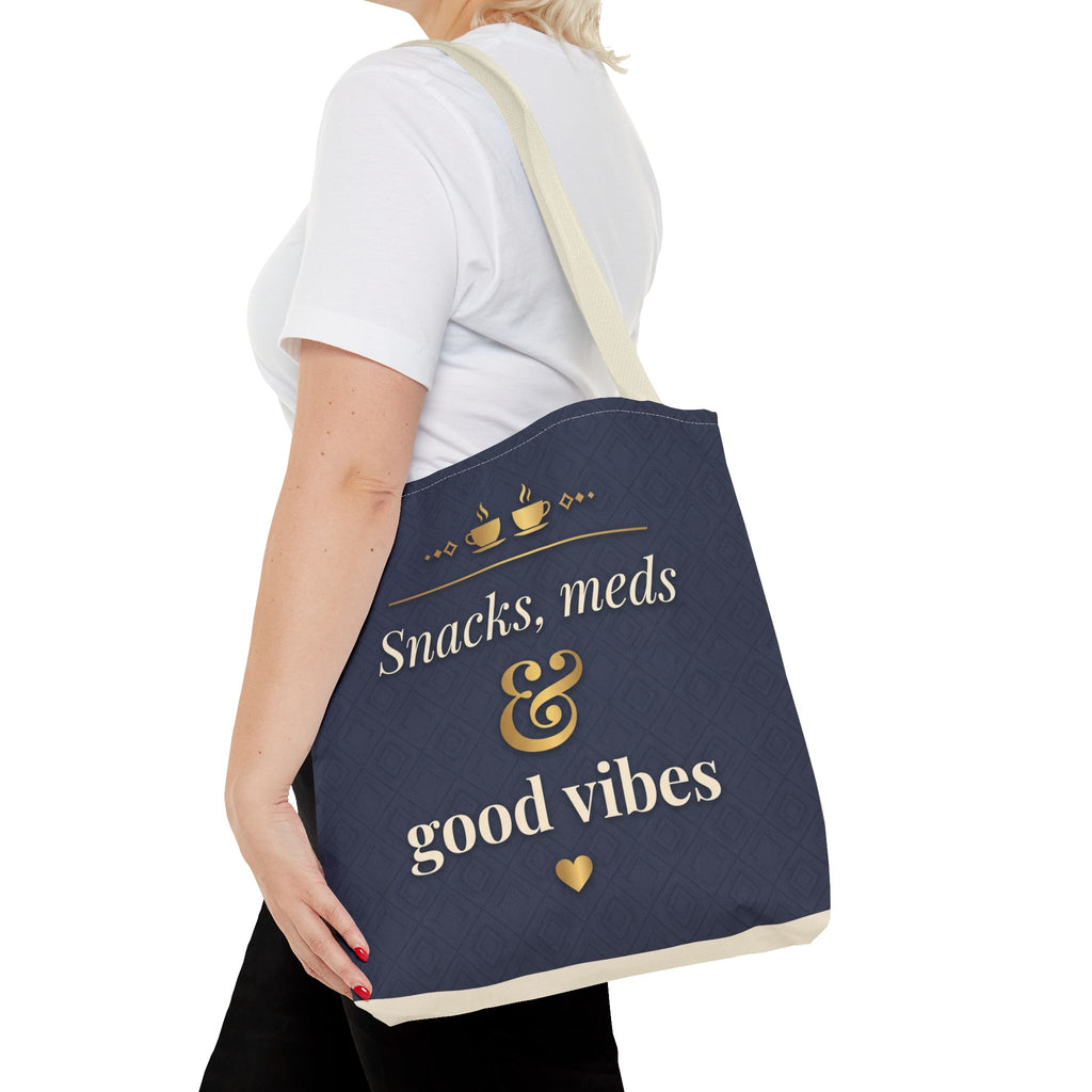 Snacks Meds & Good Vibes Tote | Funny Nurse Gift Tote Bag | Healthcare Worker Humour Gift | Premium Polyester Carry-All