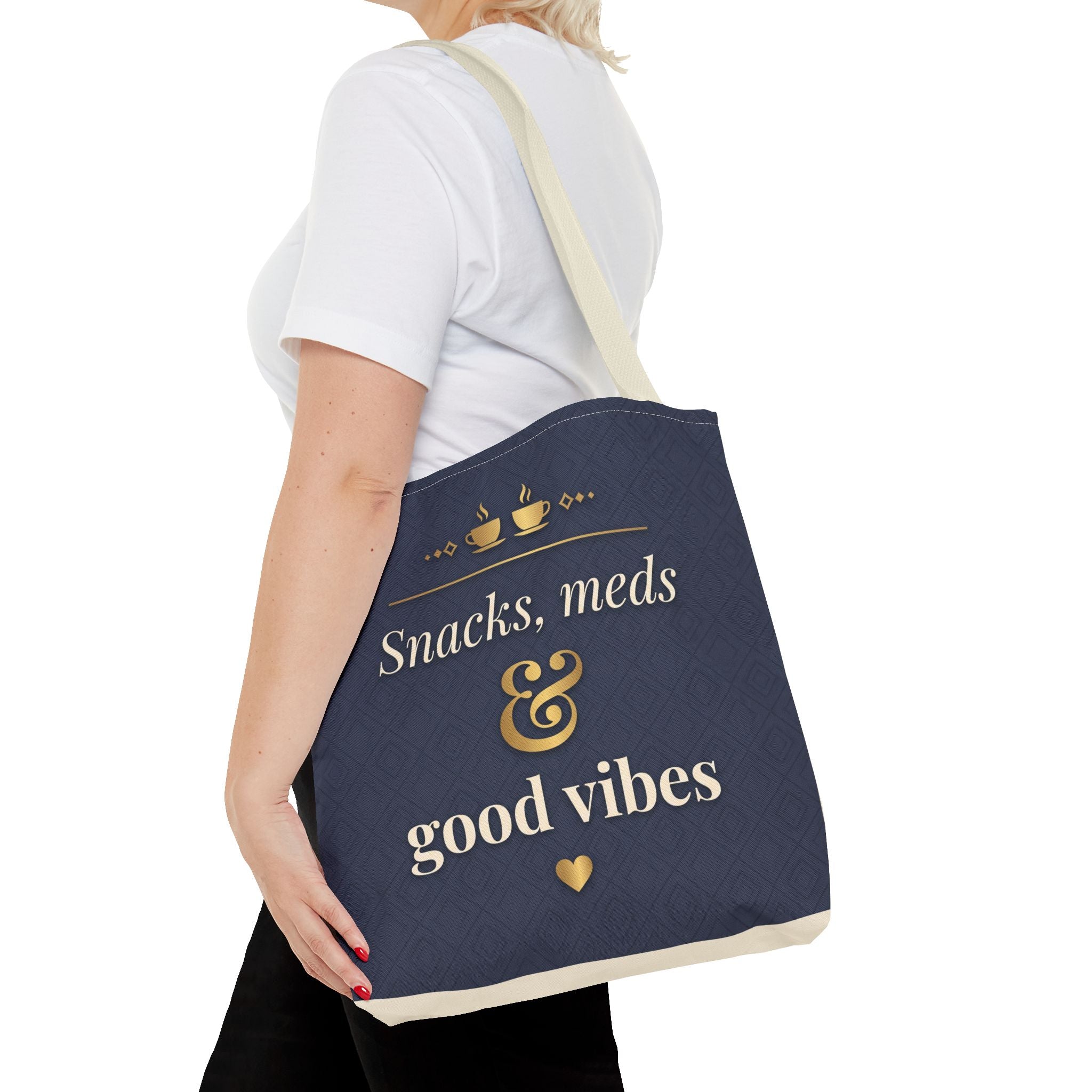 Snacks Meds & Good Vibes Tote | Funny Nurse Gift Tote Bag | Healthcare Worker Humour Gift | Premium Polyester Carry-All