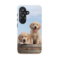 Golden Retriever Puppies on Barrel Phone Case | Cute Duo Under Blue Sky | iPhone & Samsung