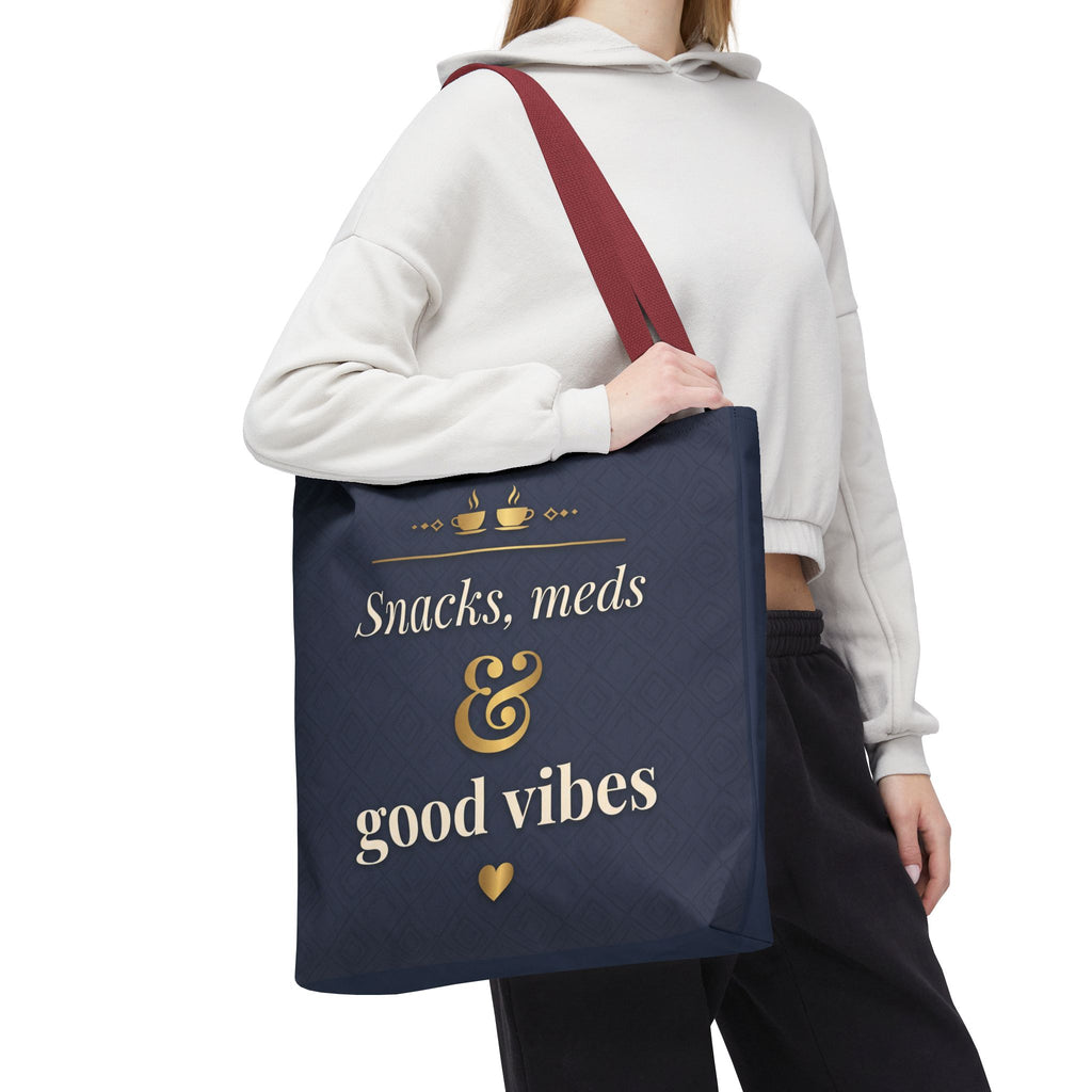 Snacks Meds & Good Vibes Tote | Funny Nurse Gift Tote Bag | Healthcare Worker Humour Gift | Premium Polyester Carry-All