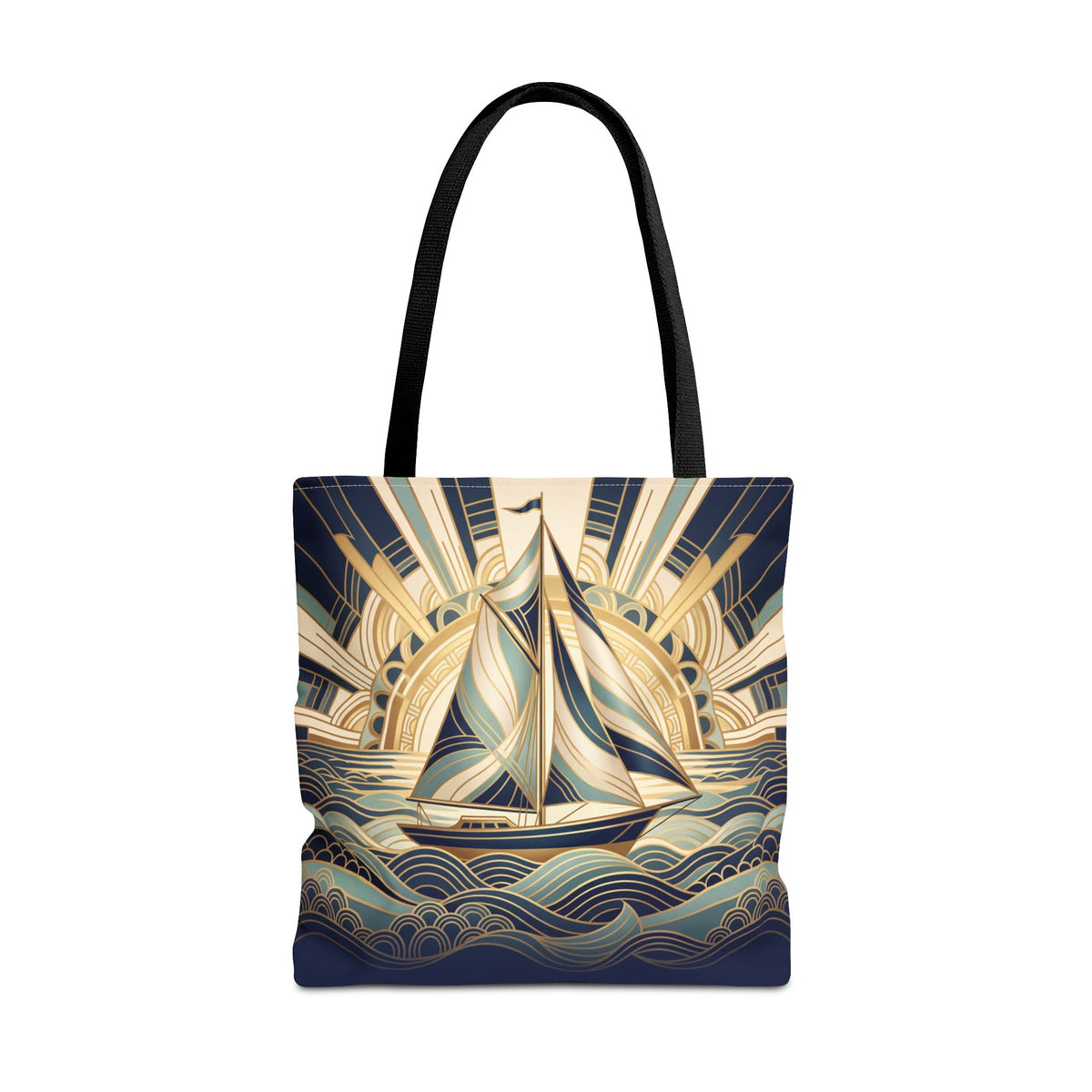 Art Deco Sailboat Tote Bag – Golden Sunburst Nautical Beach Bag
