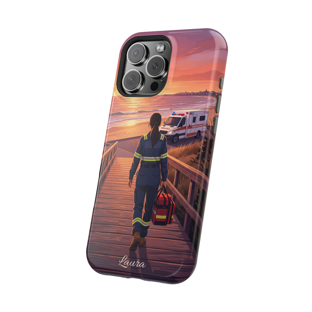 Sunset Boardwalk Personalized Paramedic Phone Case — Wireless Charging Cover