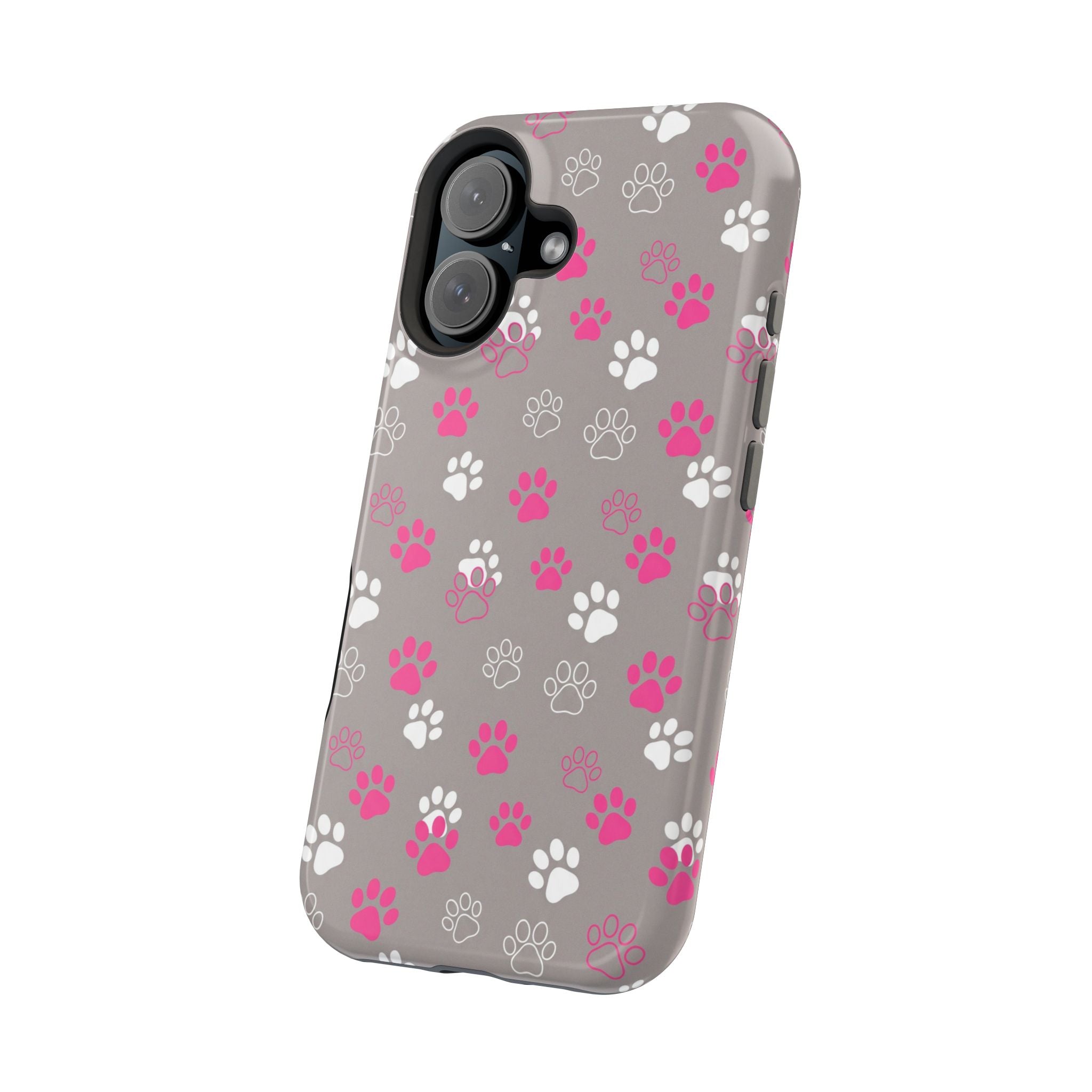 Pink & White Paw Print Phone Case — Impact-Resistant Wireless Charging Cover