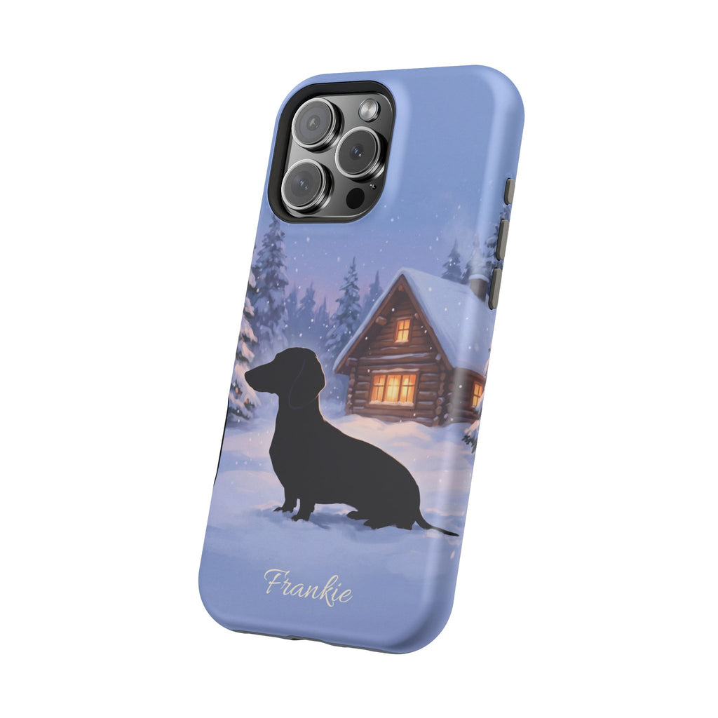 Personalized Dachshund Winter Cabin Phone Case — Wireless Charging Cover