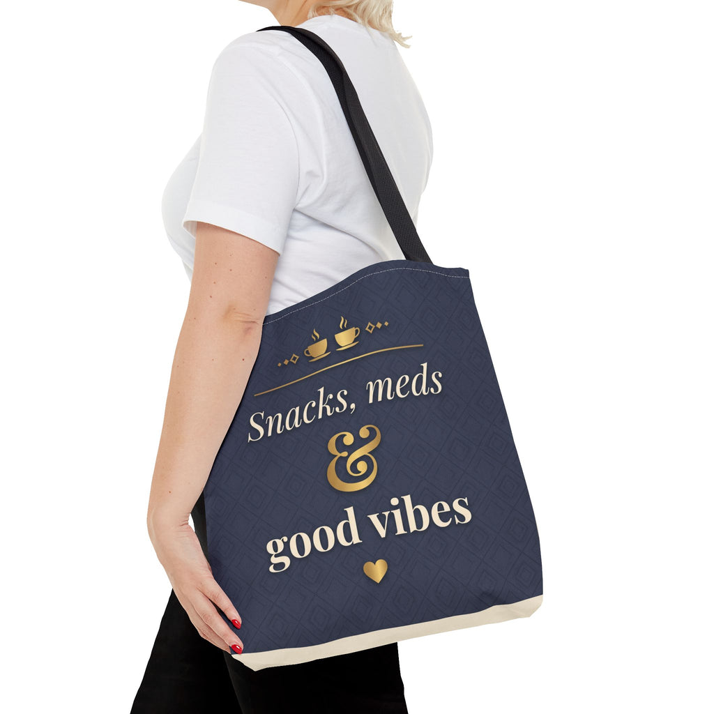 Snacks Meds & Good Vibes Tote | Funny Nurse Gift Tote Bag | Healthcare Worker Humour Gift | Premium Polyester Carry-All