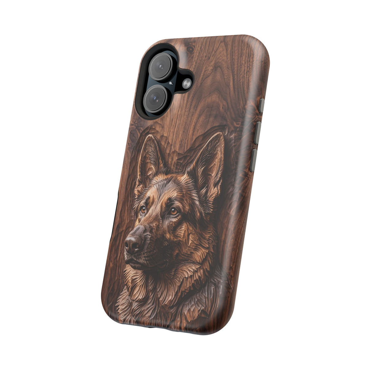 German Shepherd Phone Case | Carved Walnut Art — Tough Magnetic Case with Wireless Charging