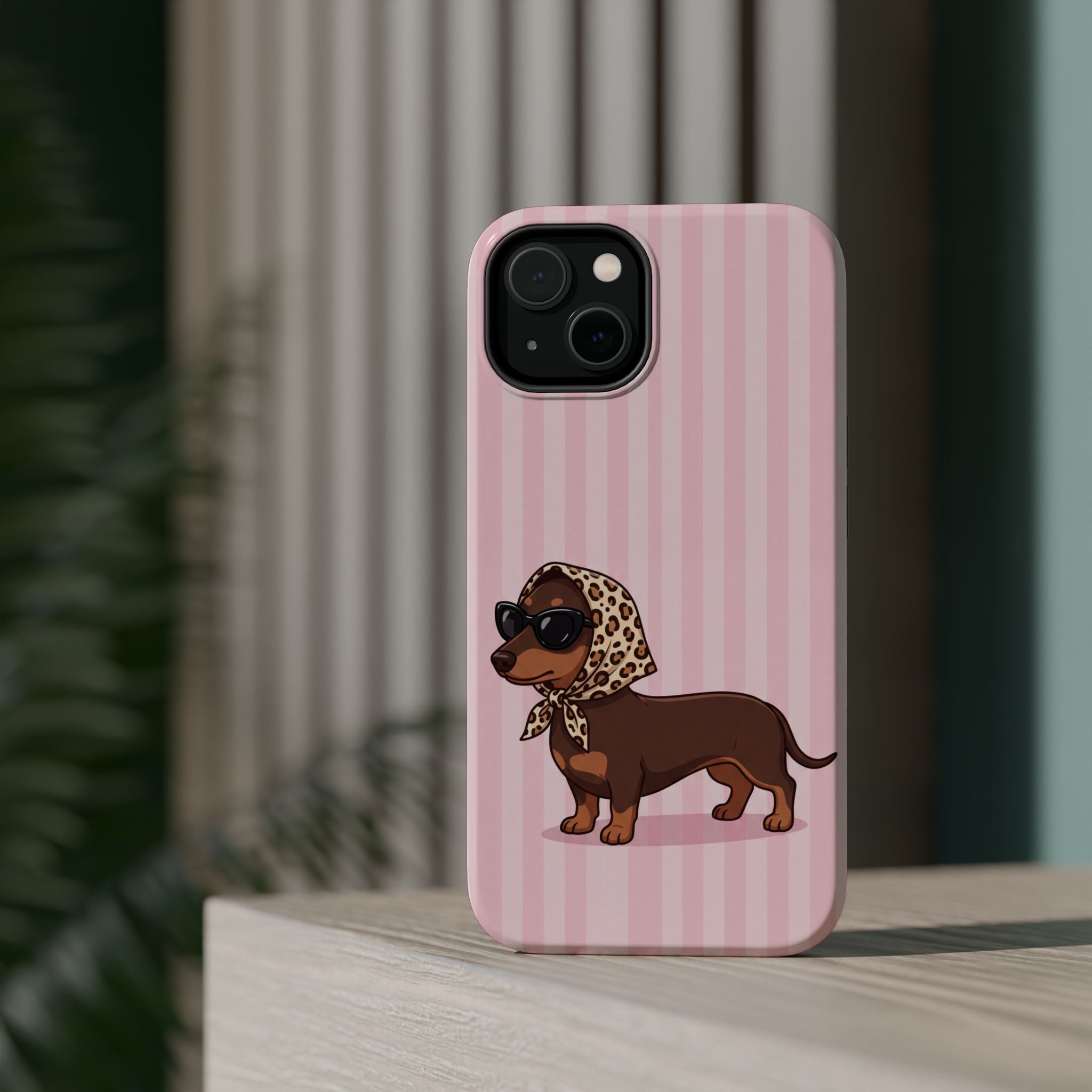Glam Dachshund Phone Case | Cute Sausage Dog in Leopard Scarf & Sunglasses | Pink Stripe Case for iPhone & Samsung