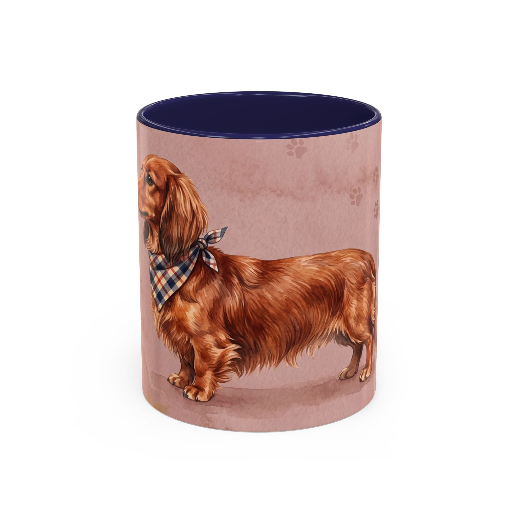 Dachshund Lover Mug | Long-Haired Wiener Dog with Plaid Bandana, Dusty Rose Watercolor Dog Gift