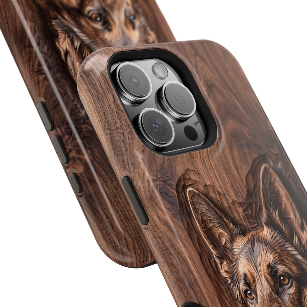 German Shepherd Phone Case | Carved Walnut Art — Tough Magnetic Case with Wireless Charging