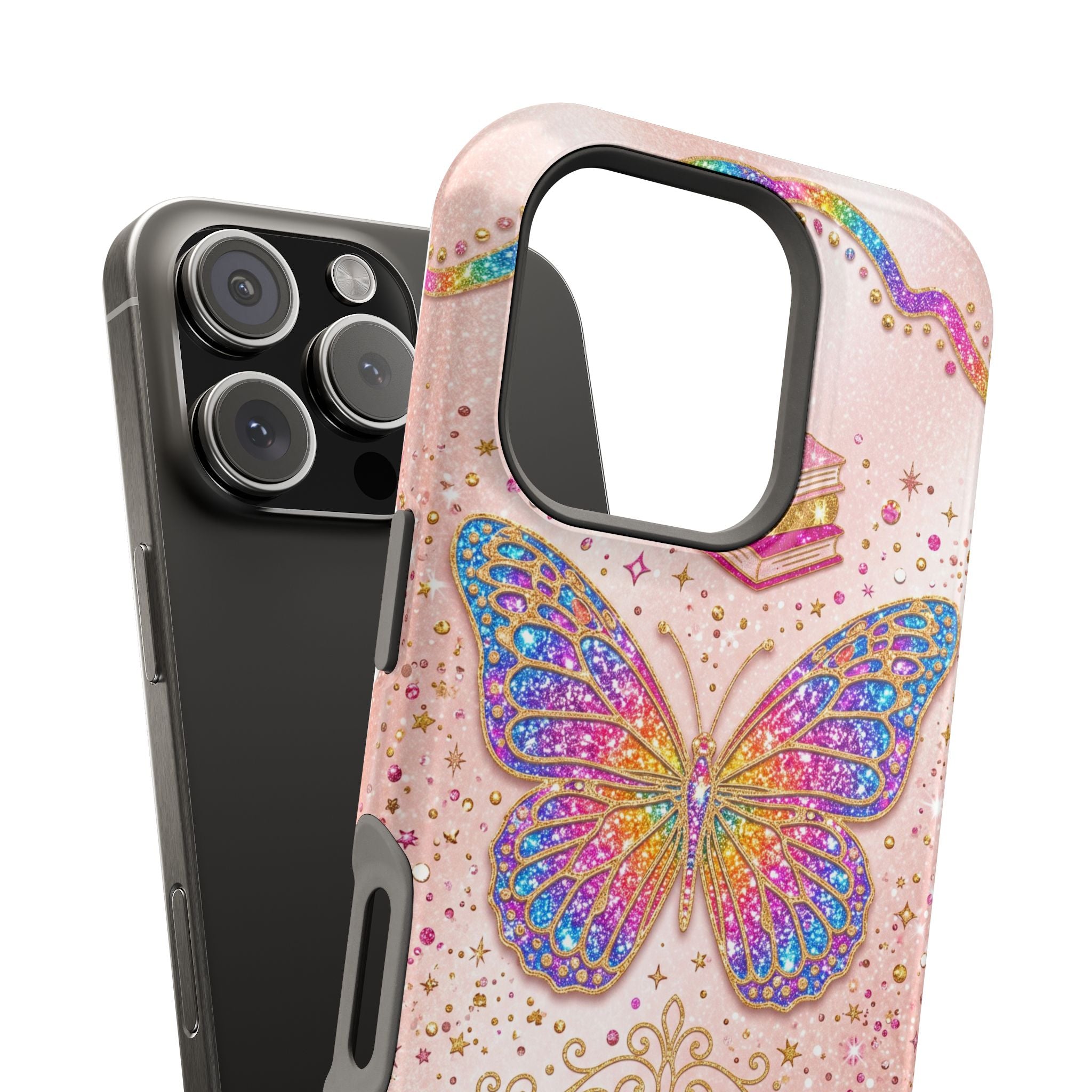 Blush Glitter Butterfly Personalized Teacher Phone Case — Wireless Charging Cover