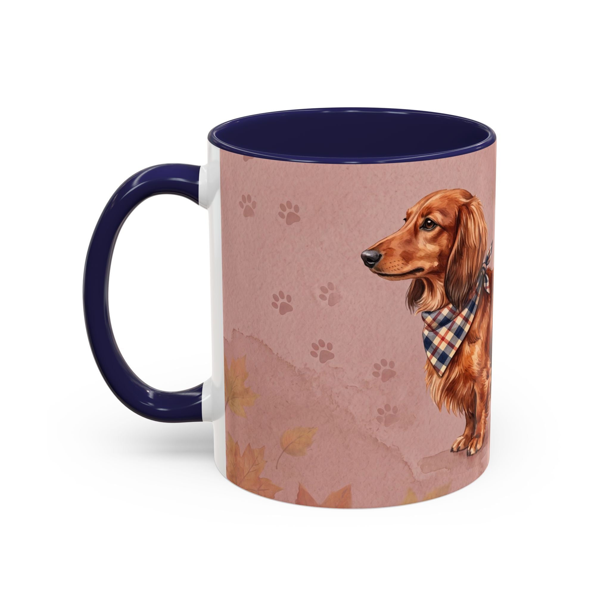 Dachshund Lover Mug | Long-Haired Wiener Dog with Plaid Bandana, Dusty Rose Watercolor Dog Gift
