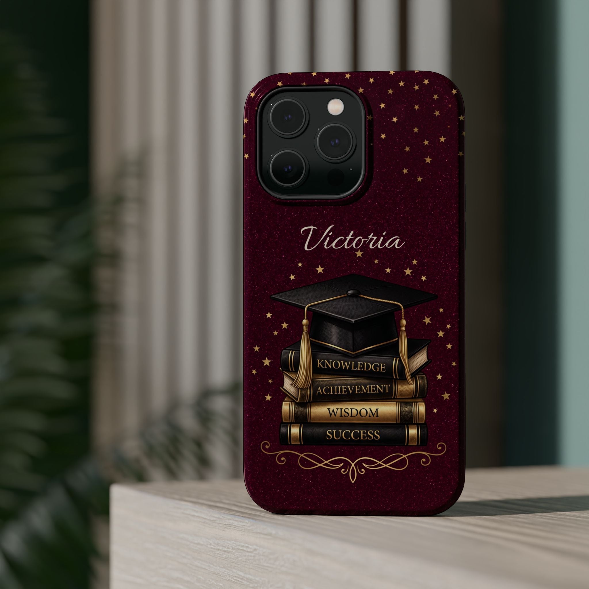 Graduation Cap & Books Personalized Teacher Phone Case — Wireless Charging Cover