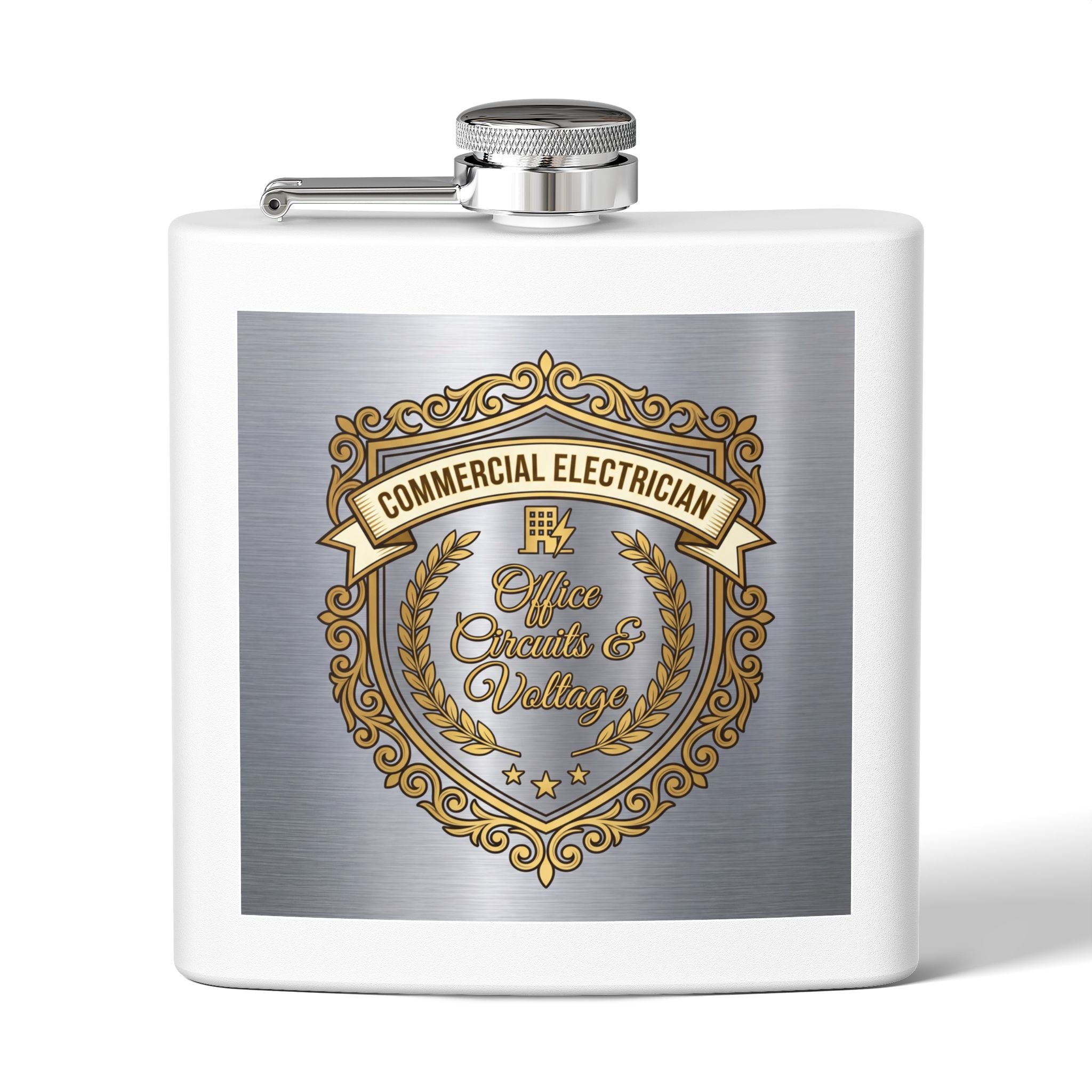 Flask — "Commercial Electrician: Office Circuits & Voltage" (Shield Badge) 6oz Stainless Steel Hip Flask