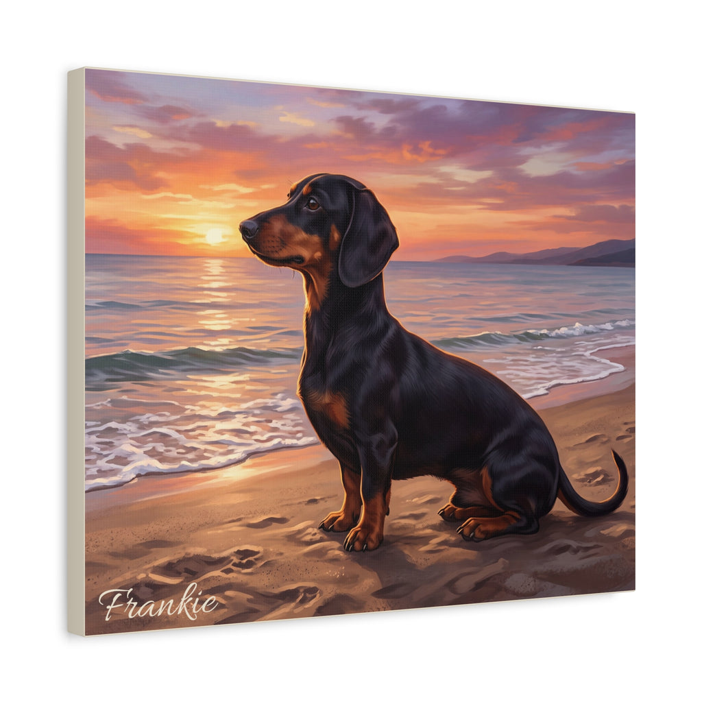 Personalized Dachshund Canvas — Coastal Sunset Scene