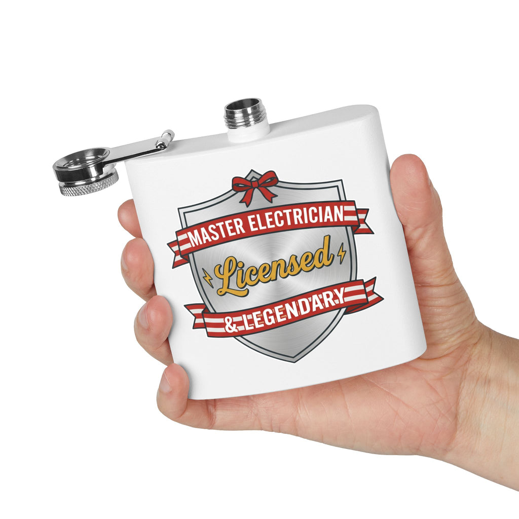 Flask — "Master Electrician: Licensed & Legendary" (Shield Badge) 6oz Stainless Steel Hip Flask