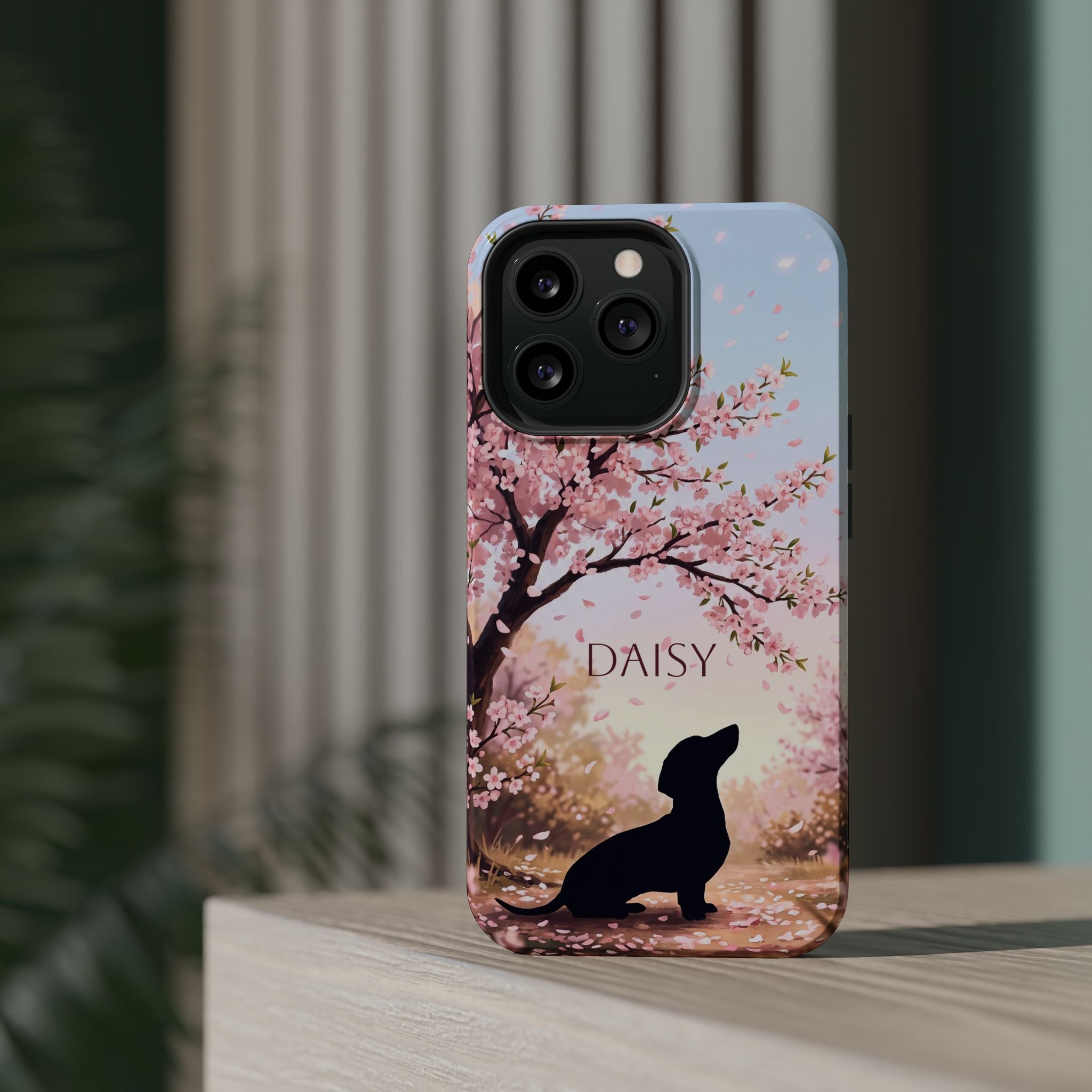 Personalized Dachshund Cherry Blossom Phone Case — Wireless Charging Cover