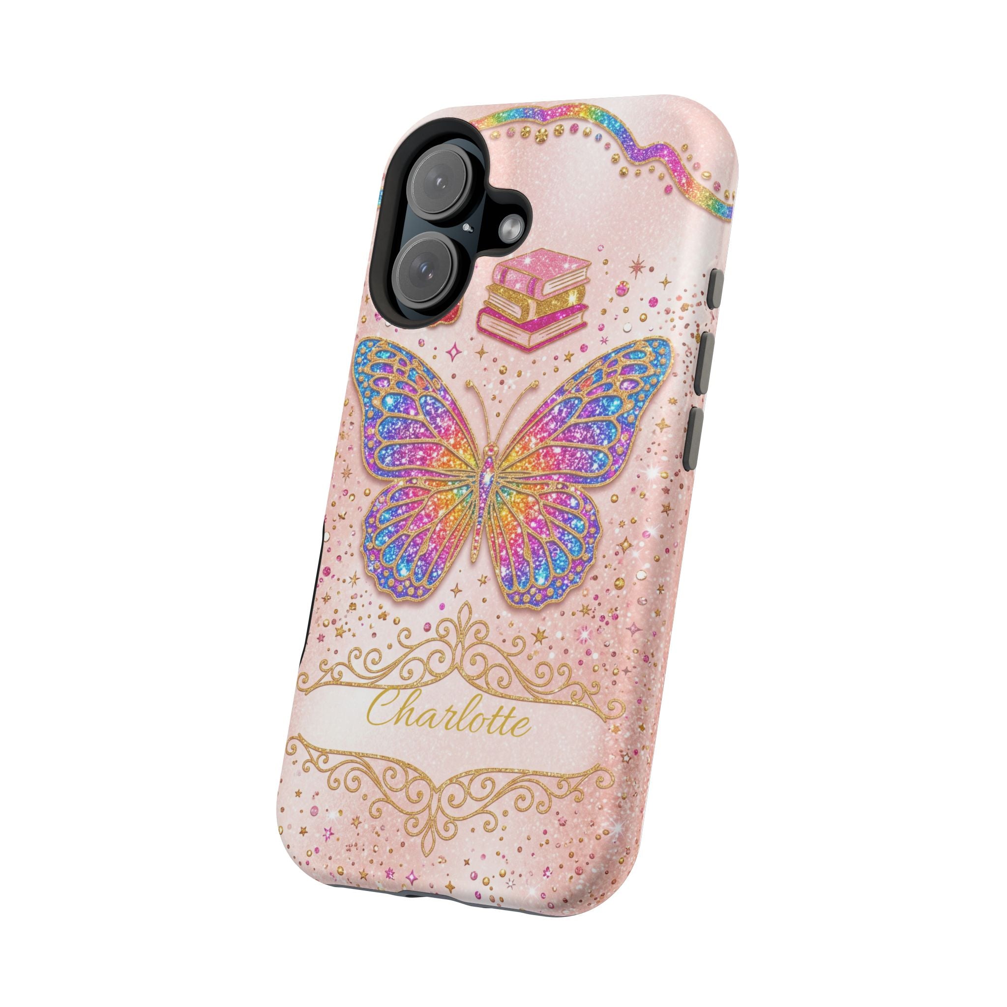 Blush Glitter Butterfly Personalized Teacher Phone Case — Wireless Charging Cover
