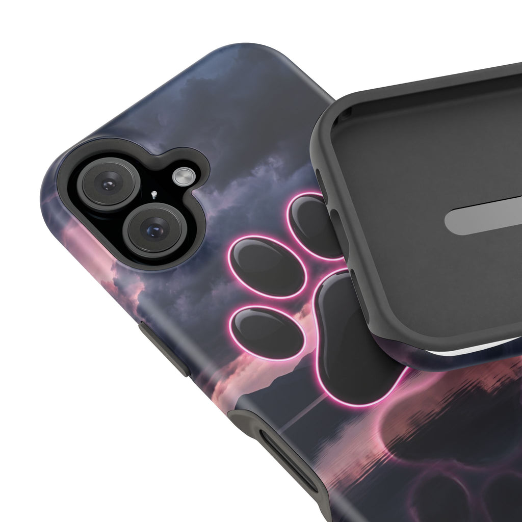 Neon Paw Print Phone Case — Impact-Resistant Wireless Charging Cover