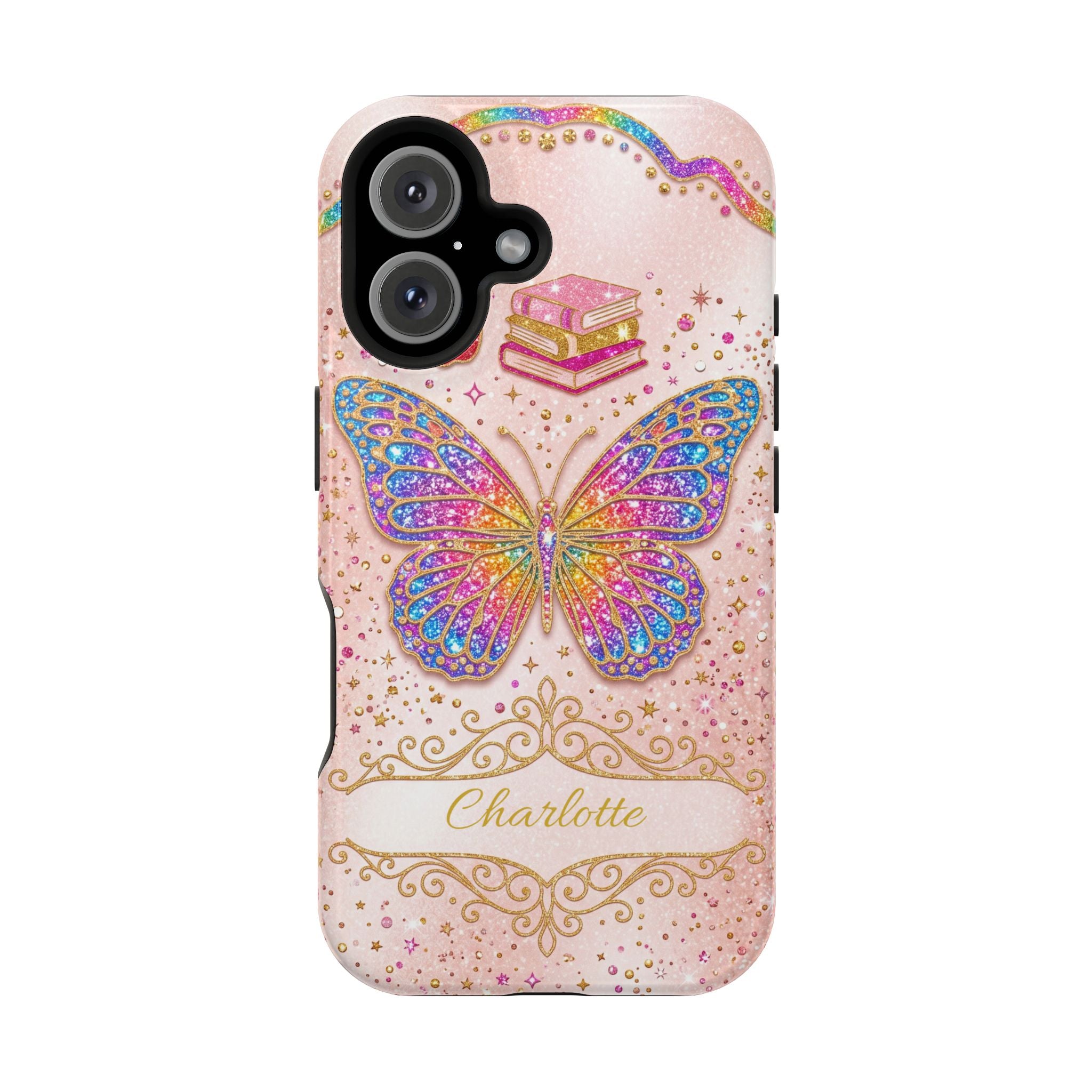 Blush Glitter Butterfly Personalized Teacher Phone Case — Wireless Charging Cover