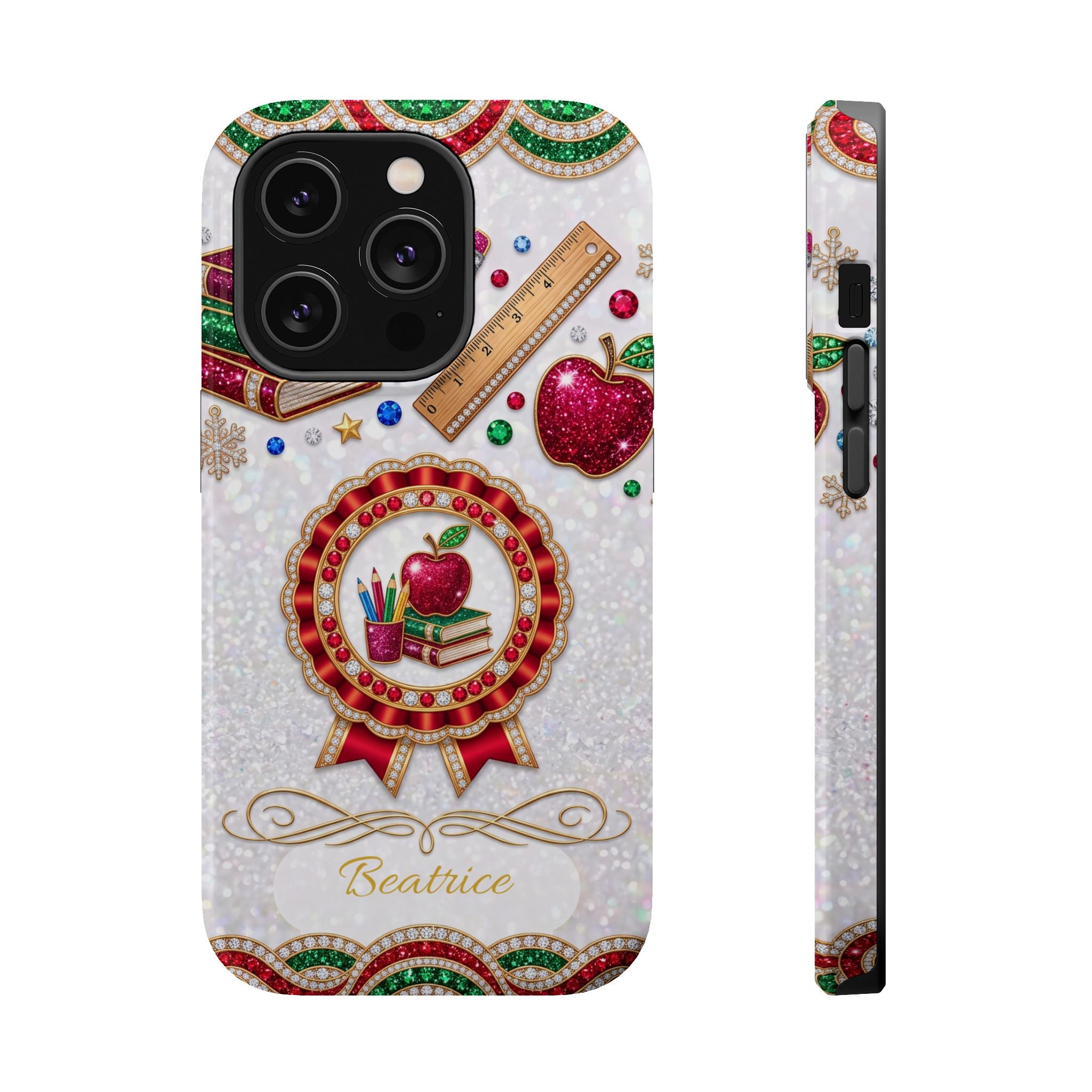 Jeweled Apple Medallion Personalized Teacher Phone Case — Wireless Charging Cover