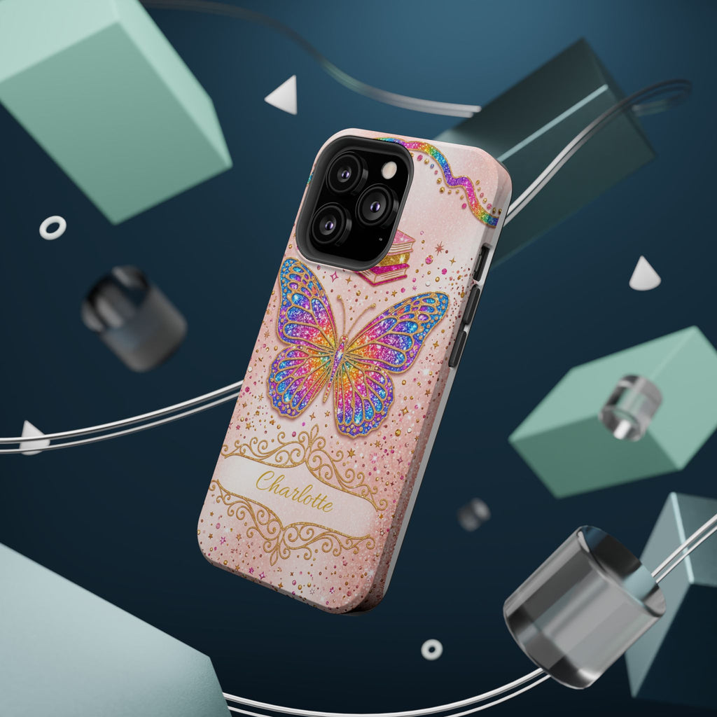 Blush Glitter Butterfly Personalized Teacher Phone Case — Wireless Charging Cover