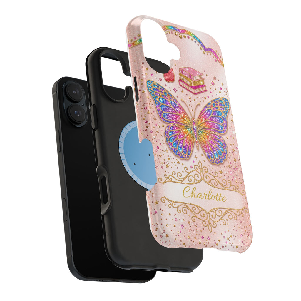 Blush Glitter Butterfly Personalized Teacher Phone Case — Wireless Charging Cover