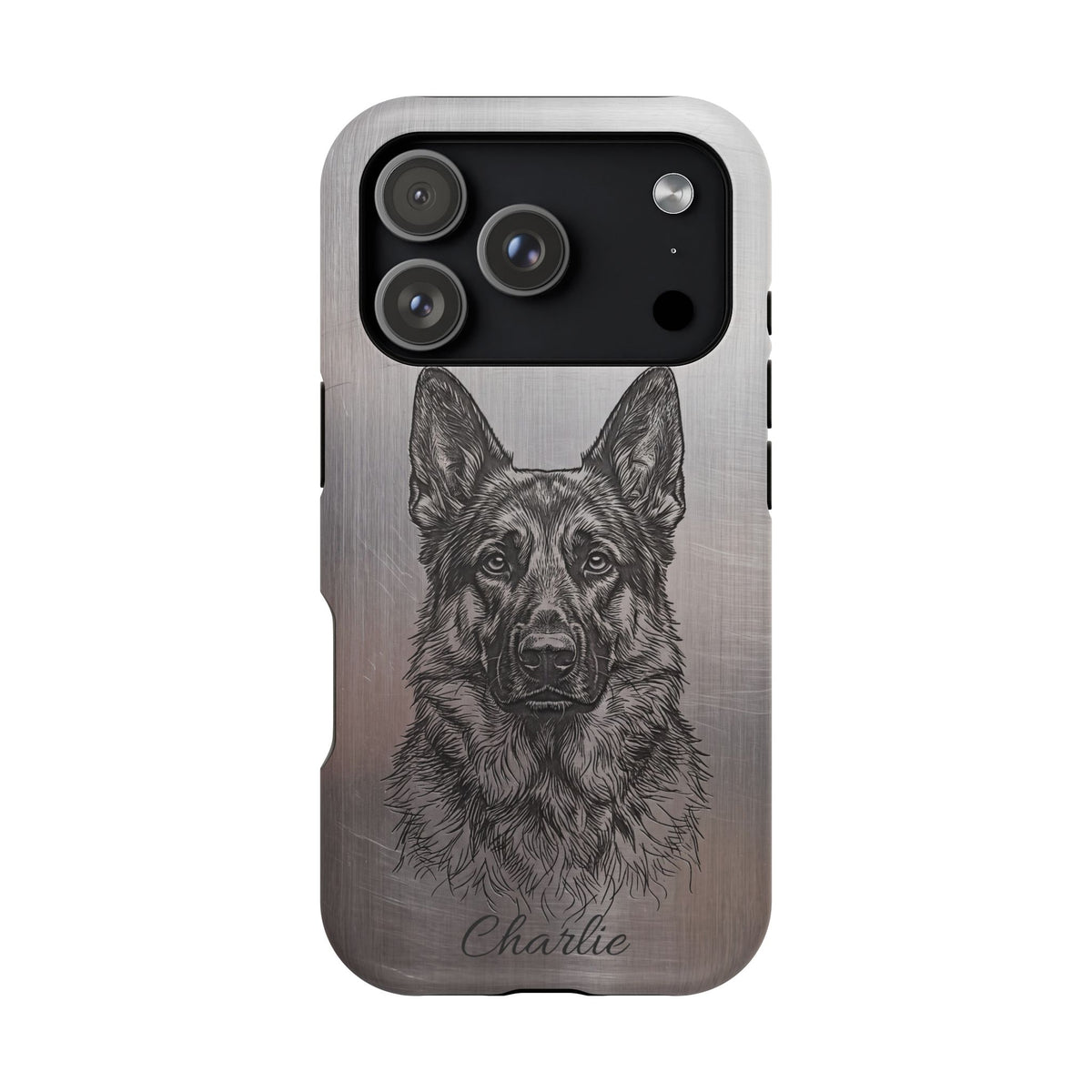 German Shepherd Phone Case | Personalized Etched Silver Art — Tough Magnetic Case with Wireless Charging