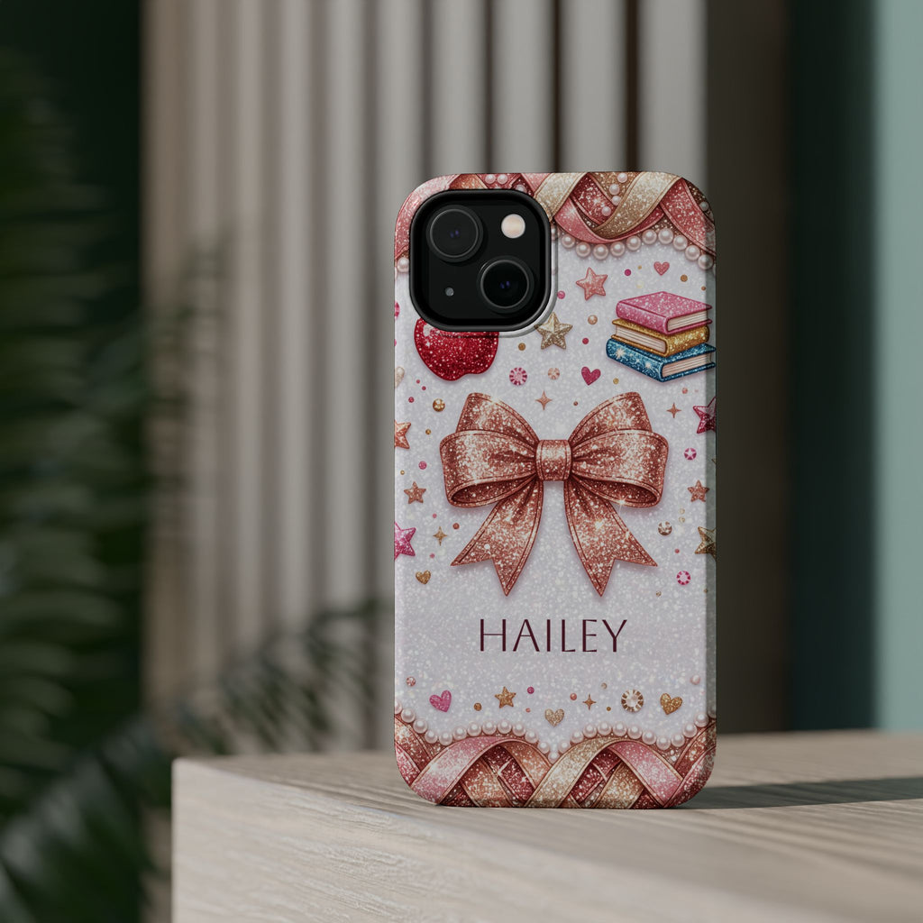 Rose Gold Glitter Bow Personalized Teacher Phone Case — Wireless Charging Cover