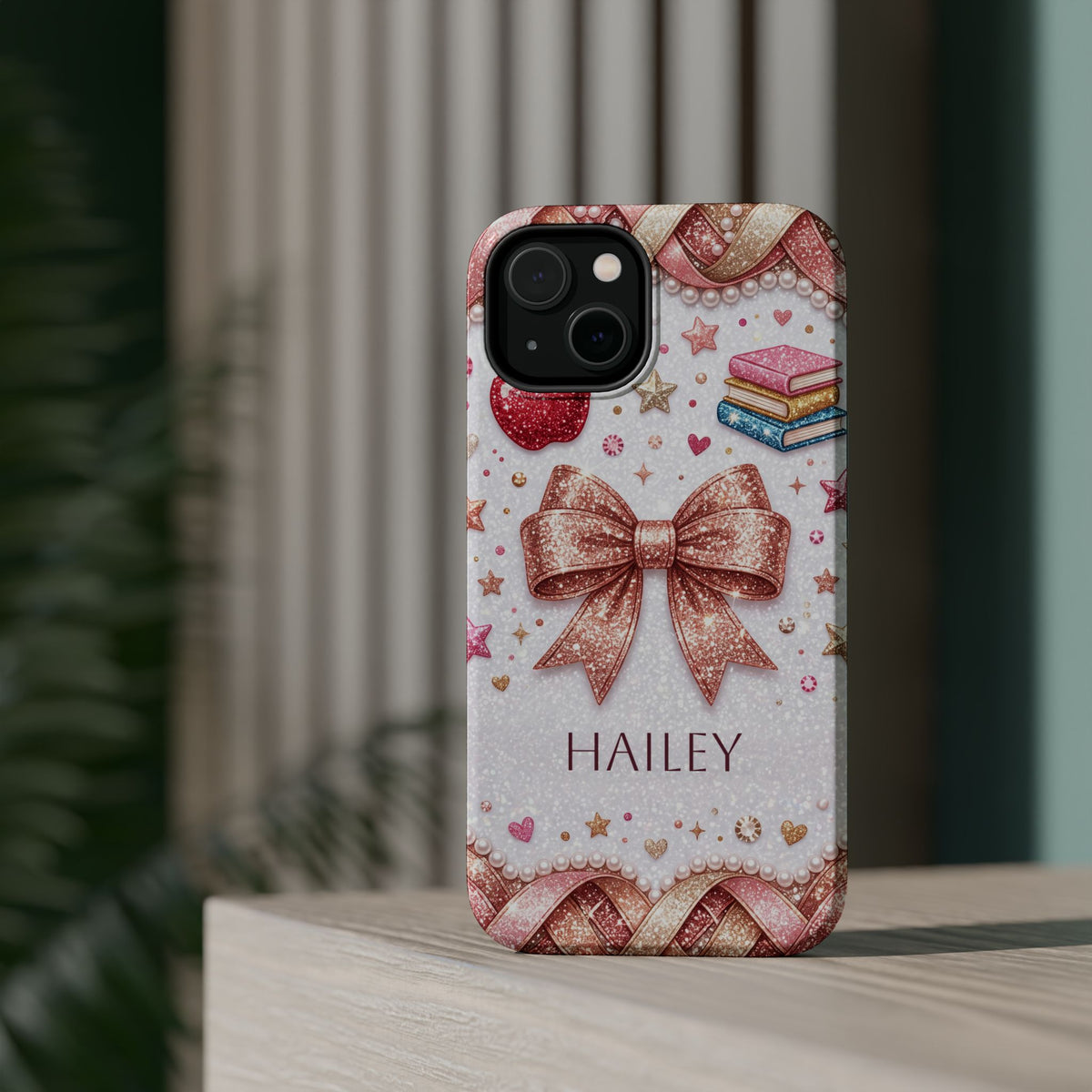 Rose Gold Glitter Bow Personalized Teacher Phone Case — Wireless Charging Cover
