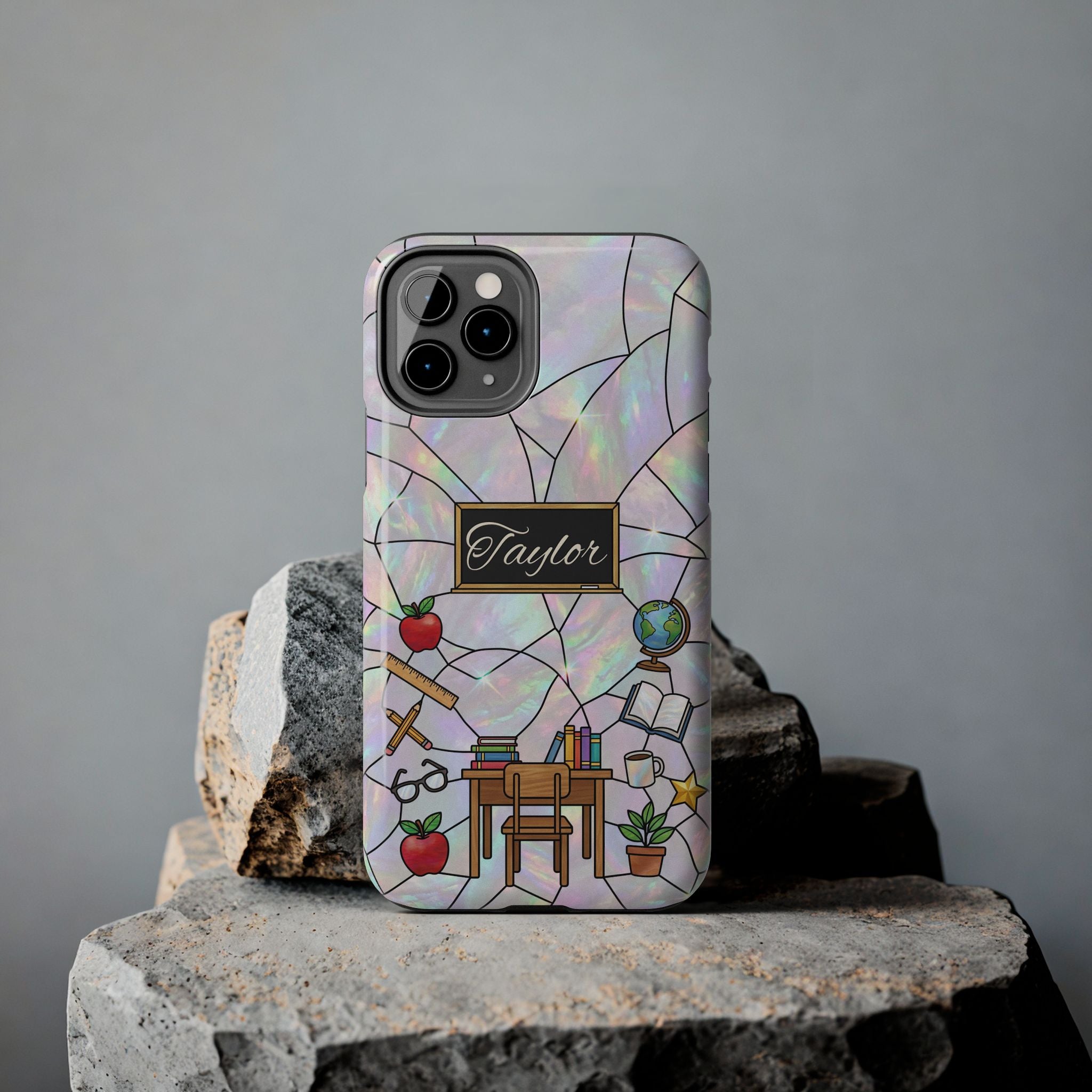 Personalized Teacher Phone Case — Custom Name Stained Glass Classroom Design