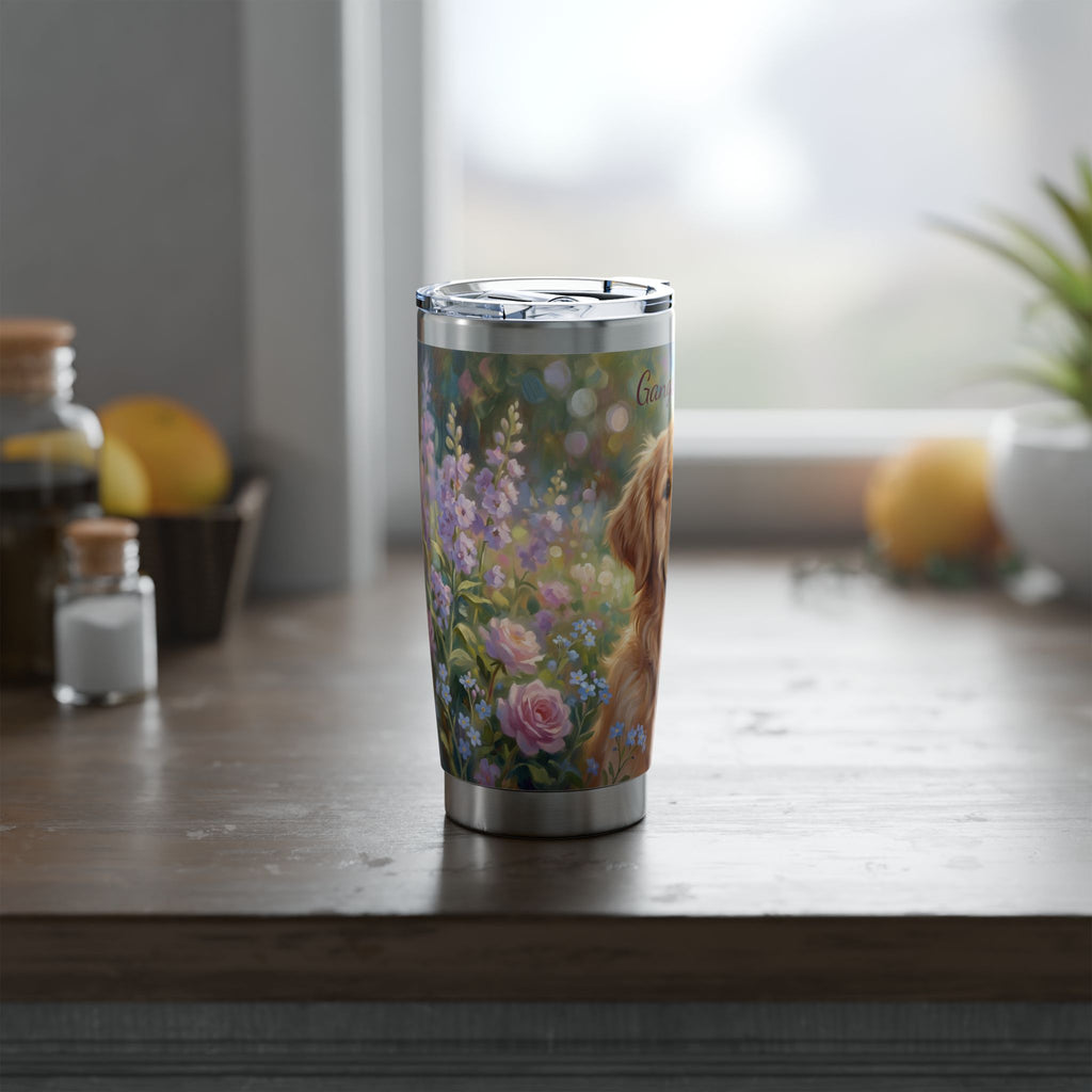 Golden Retriever Tumbler Personalized – 20 oz Stainless Steel Travel Mug with Custom Name, Spring Garden Design