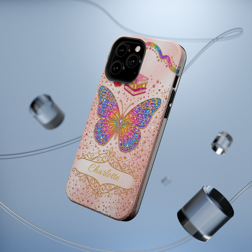 Blush Glitter Butterfly Personalized Teacher Phone Case — Wireless Charging Cover