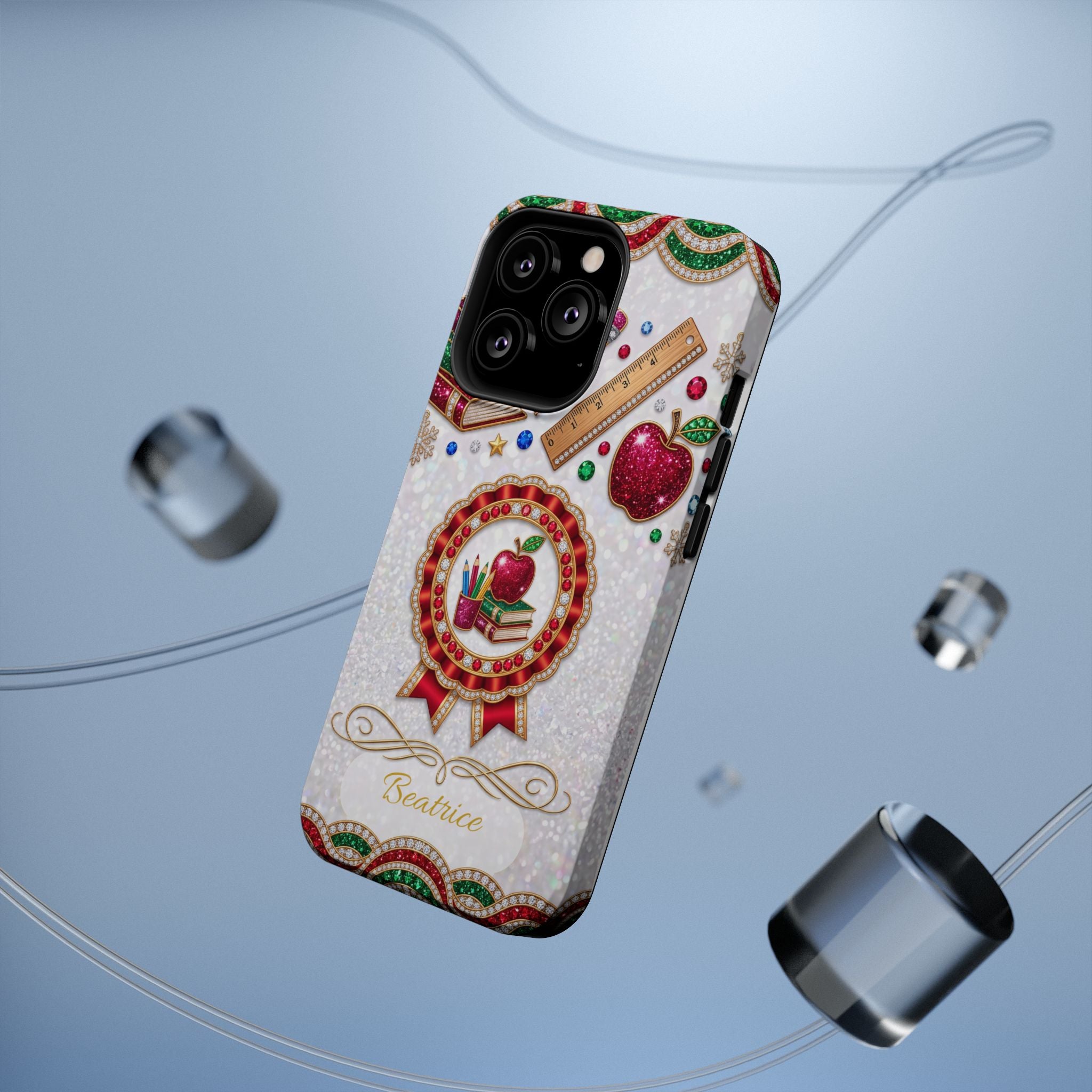 Jeweled Apple Medallion Personalized Teacher Phone Case — Wireless Charging Cover