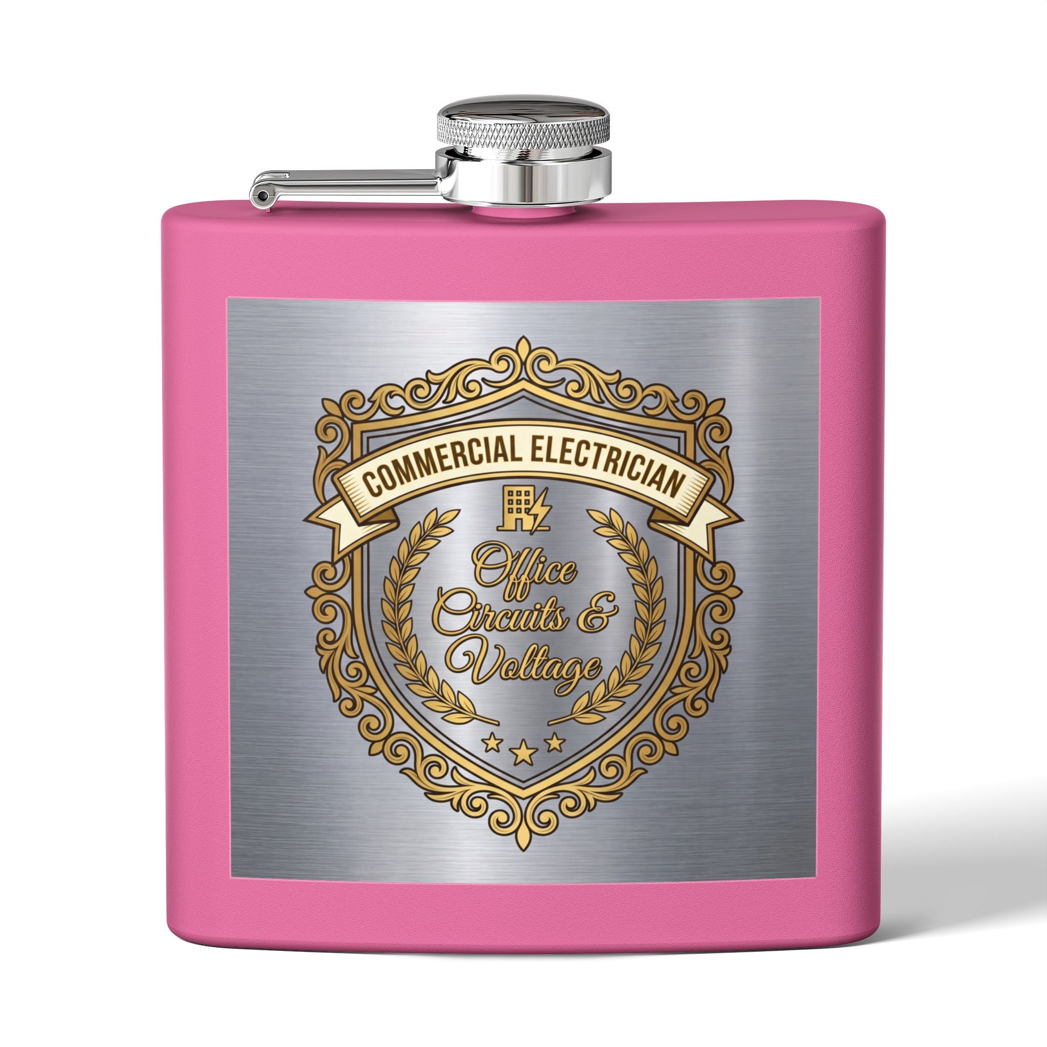 Flask — "Commercial Electrician: Office Circuits & Voltage" (Shield Badge) 6oz Stainless Steel Hip Flask