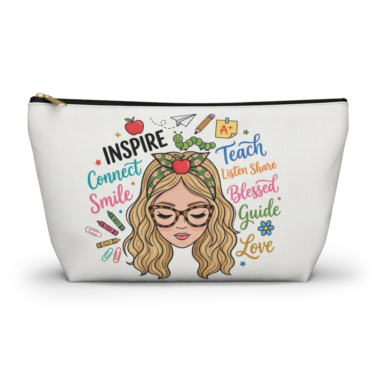 Inspire Teach Blonde Illustrated Teacher Pouch — T-Bottom Zipper Bag