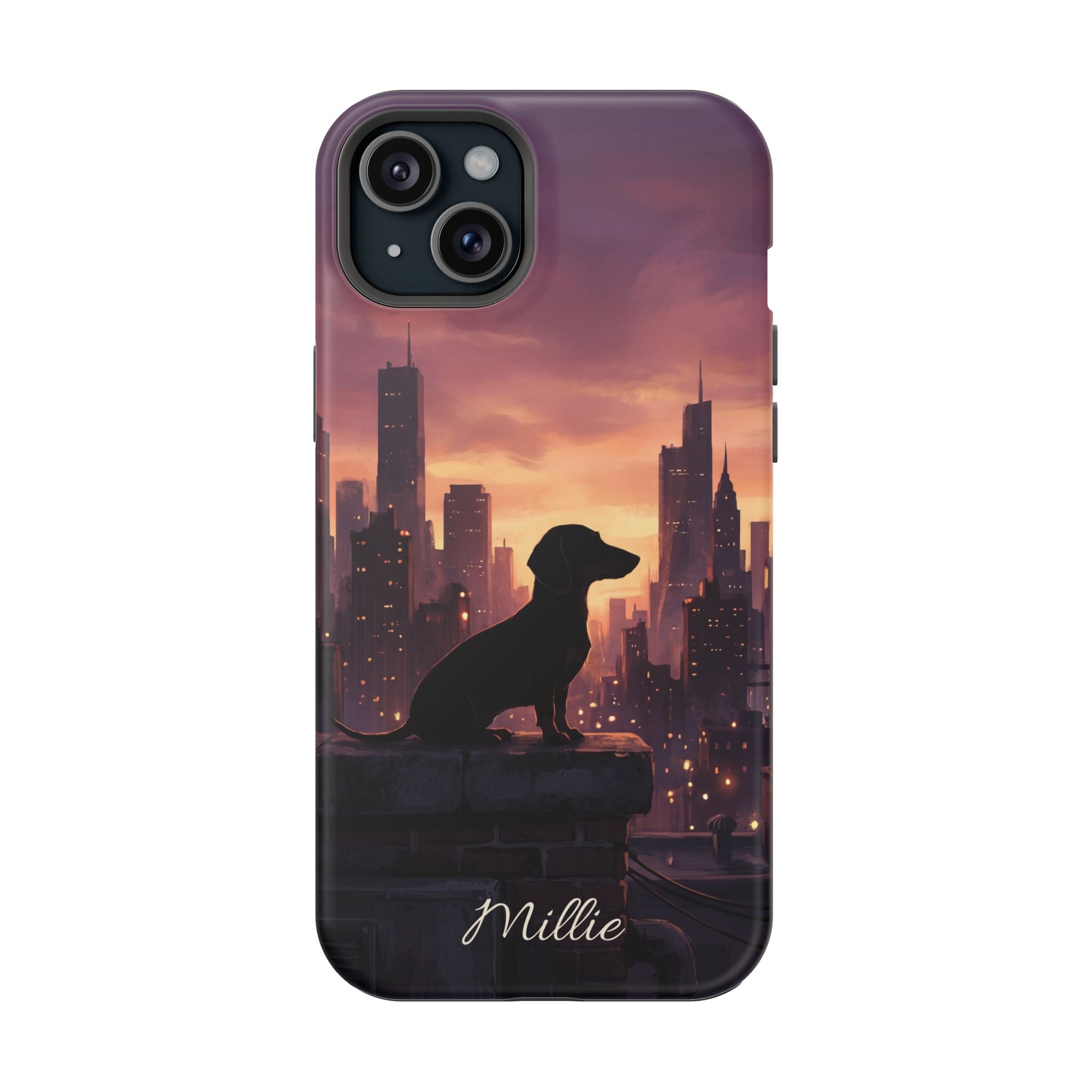 Personalized Dachshund City Skyline Phone Case — Wireless Charging Cover