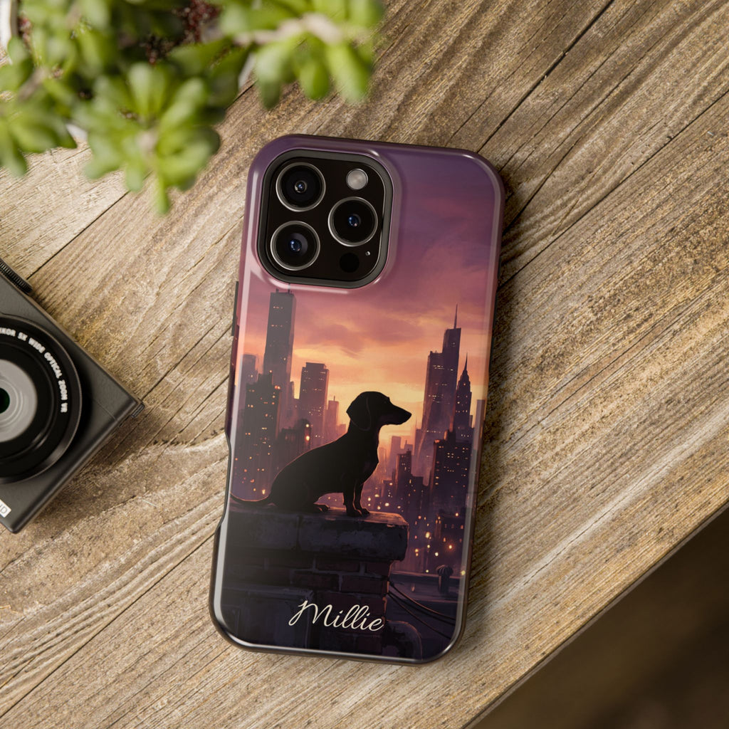 Personalized Dachshund City Skyline Phone Case — Wireless Charging Cover