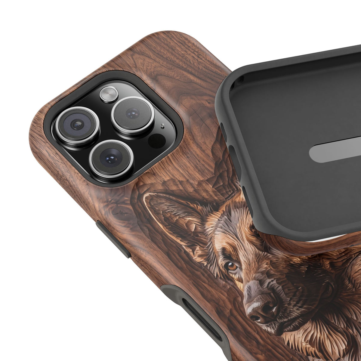 German Shepherd Phone Case | Carved Walnut Art — Tough Magnetic Case with Wireless Charging
