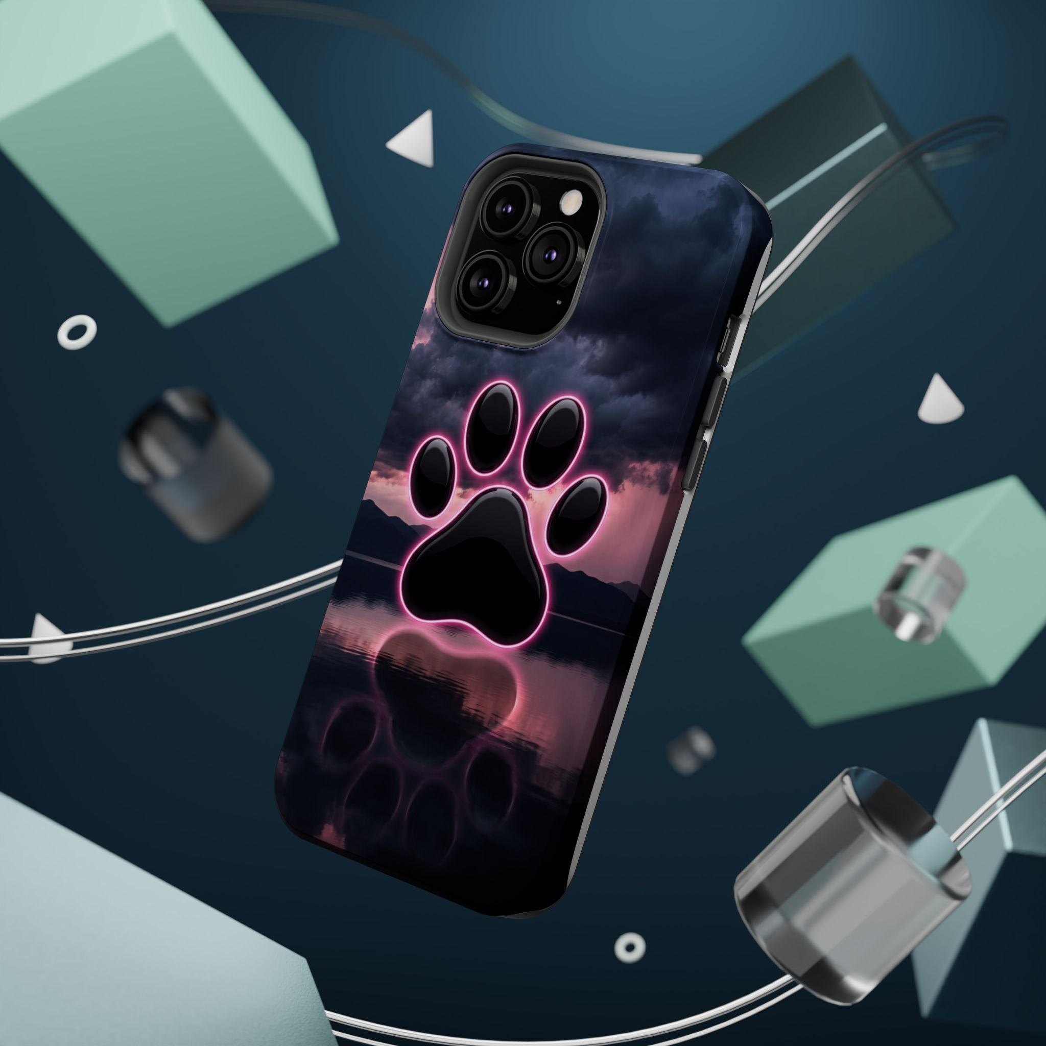 Neon Paw Print Phone Case — Impact-Resistant Wireless Charging Cover