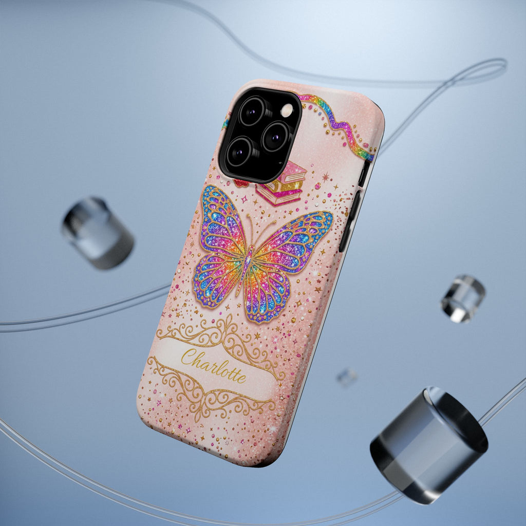 Blush Glitter Butterfly Personalized Teacher Phone Case — Wireless Charging Cover