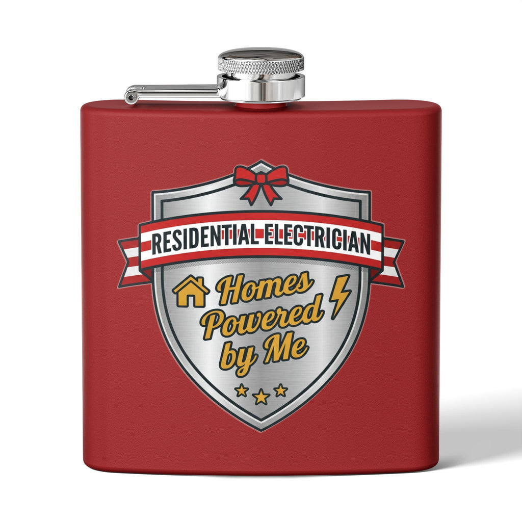 Flask — "Residential Electrician: Homes Powered by Me" (Shield Badge) 6oz Stainless Steel Hip Flask