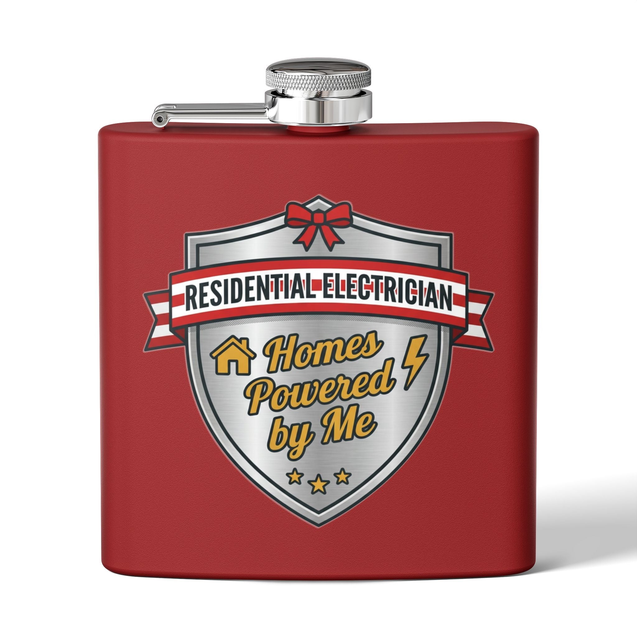 Flask — "Residential Electrician: Homes Powered by Me" (Shield Badge) 6oz Stainless Steel Hip Flask